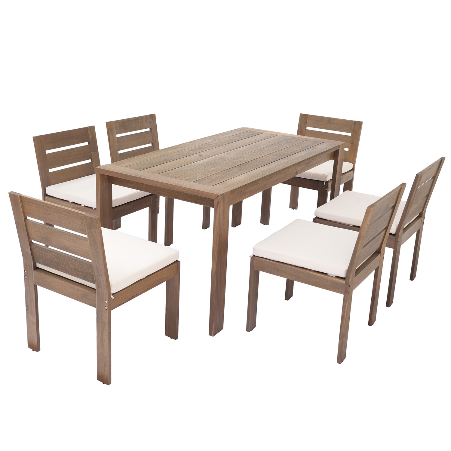 SINOFURN SYA020374BG 7 -Piece Natural Wood Patio Dining Set Wood Rectangle Table with 6 Off-white Cushions Stationary Chairs