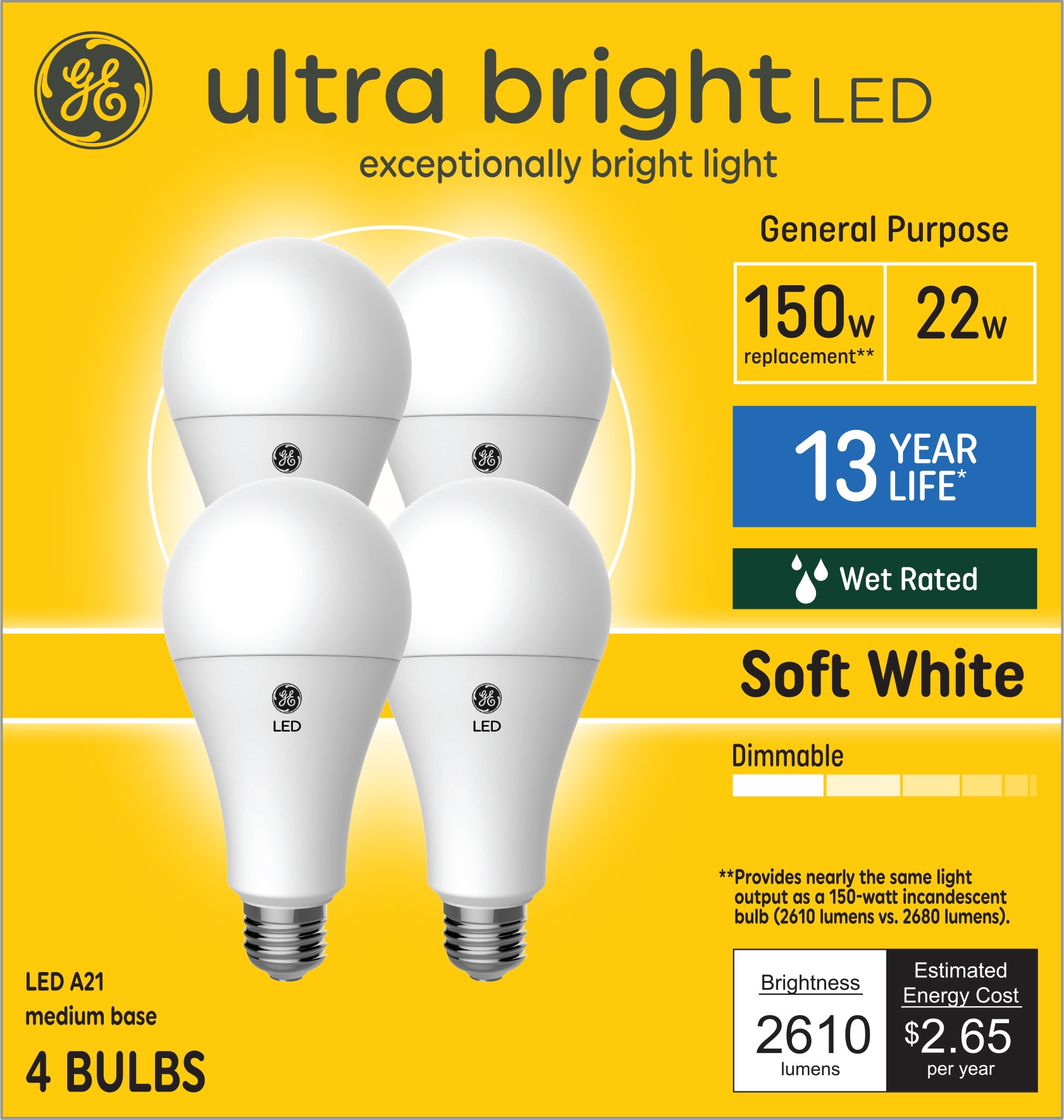 GE 93130657 Ultra Bright LED 150 -Watt EQ A21 Soft white Medium base (E-26) Dimmable LED General purpose Light Bulb 4 -Pack
