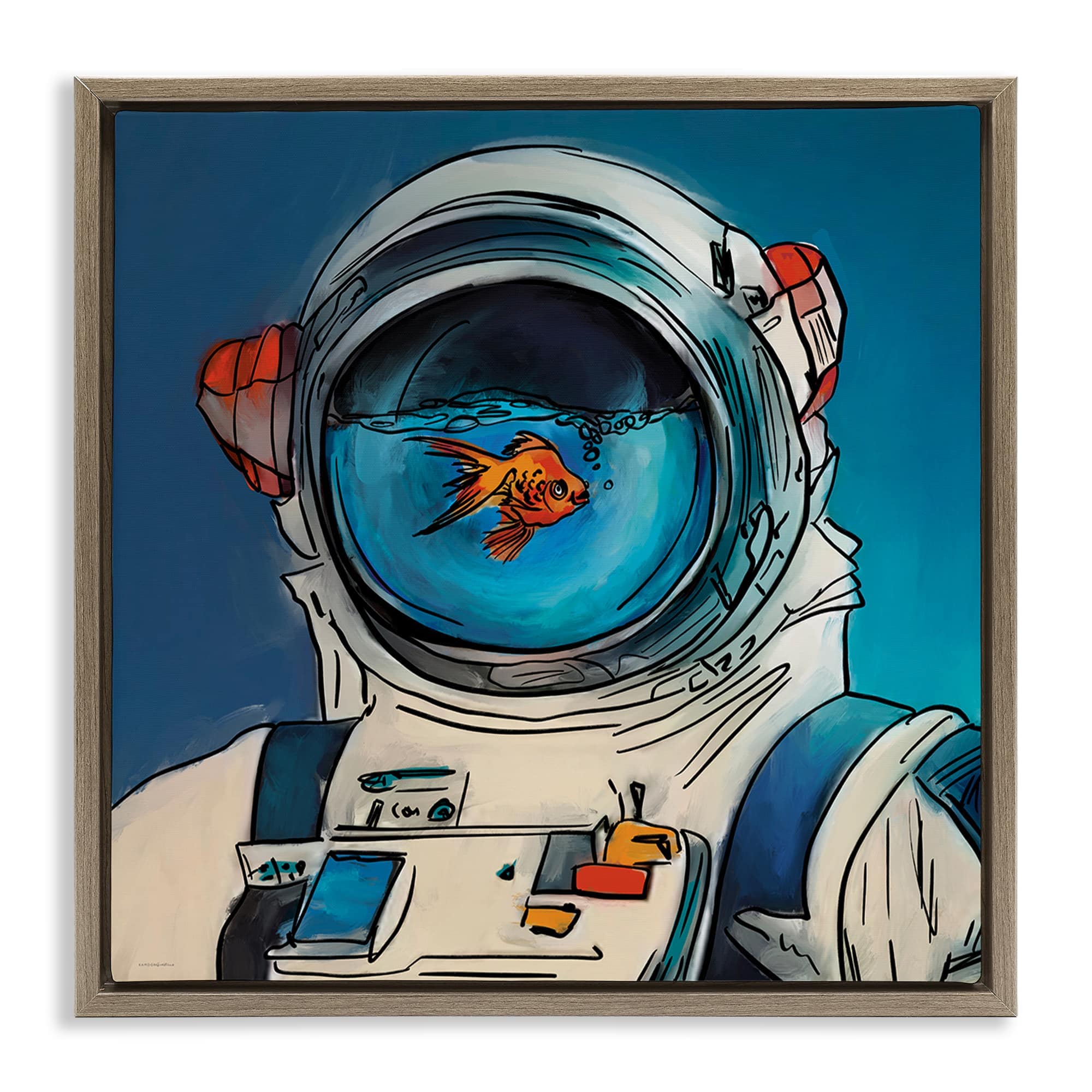 Stupell Industries BS-709-FFE-17X17 Goldfish Astronaut Suit Brown Framed Floater Canvas Wall Art By Kamdon Kreations 18 x 18
