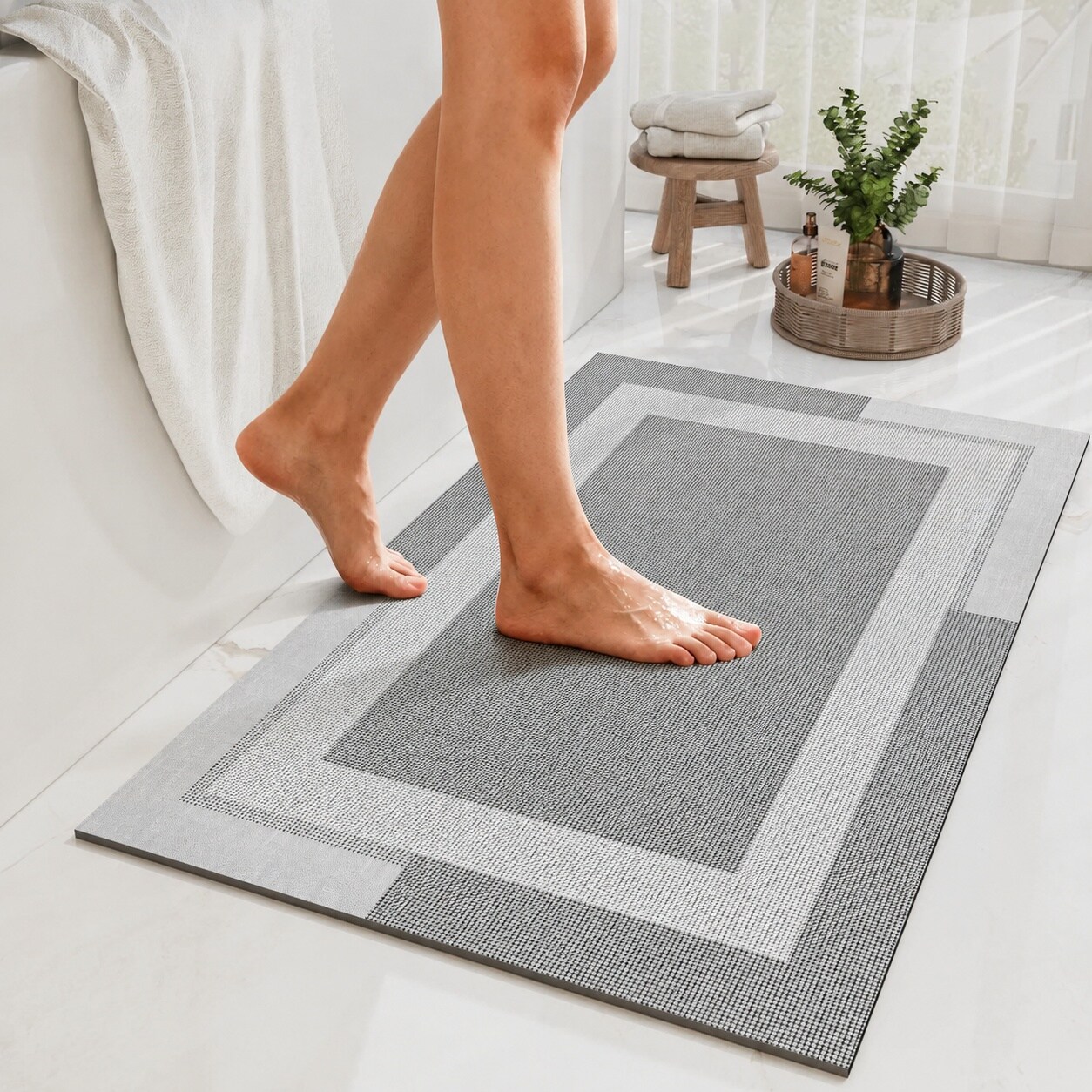 SenQWFa  Non Slip Bath Mat Ultra Thin Rubber Backing Quick Dry Super Absorbent Washable Bathroom Rug Easy Care Gray 20 x 32 Inch Fits Under Door