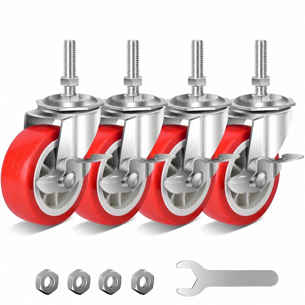 Phyfalip  3 Inch Heavy Duty Swivel Caster Wheels with Brake Threaded Stem Set of 4 Non Marking TPR Supports 600 lb for Workbench Cart Furniture