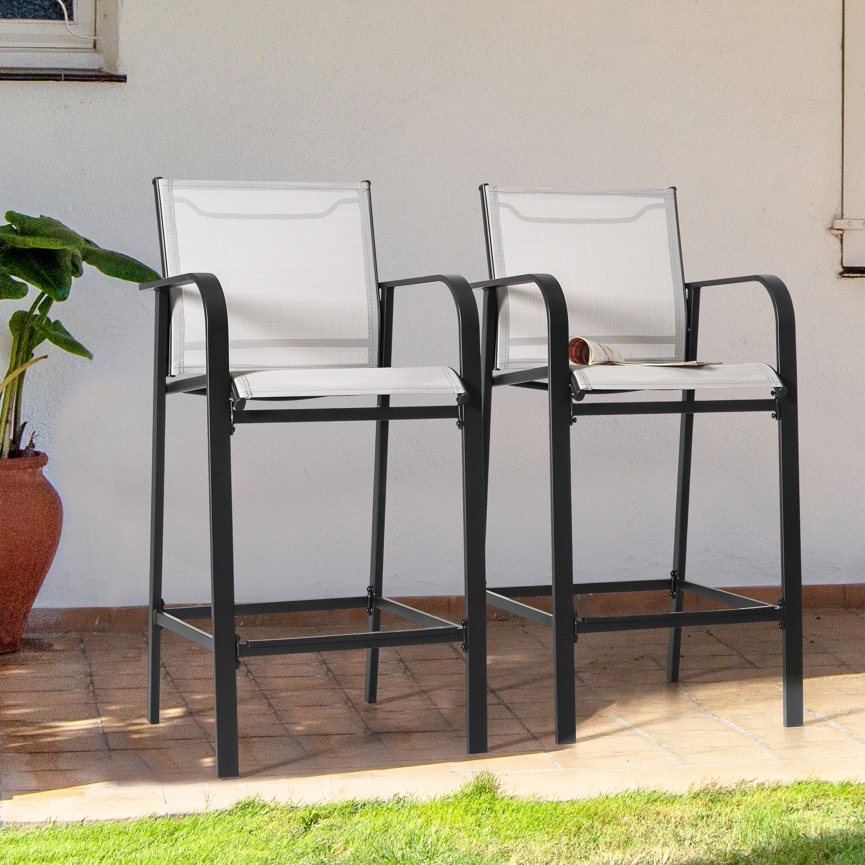 Nuu Garden DB139H Outdoor Textilene High Bar Stools Set of 2 Black Iron Frame Stationary Bar Stool Chair with Gray Solid Seat
