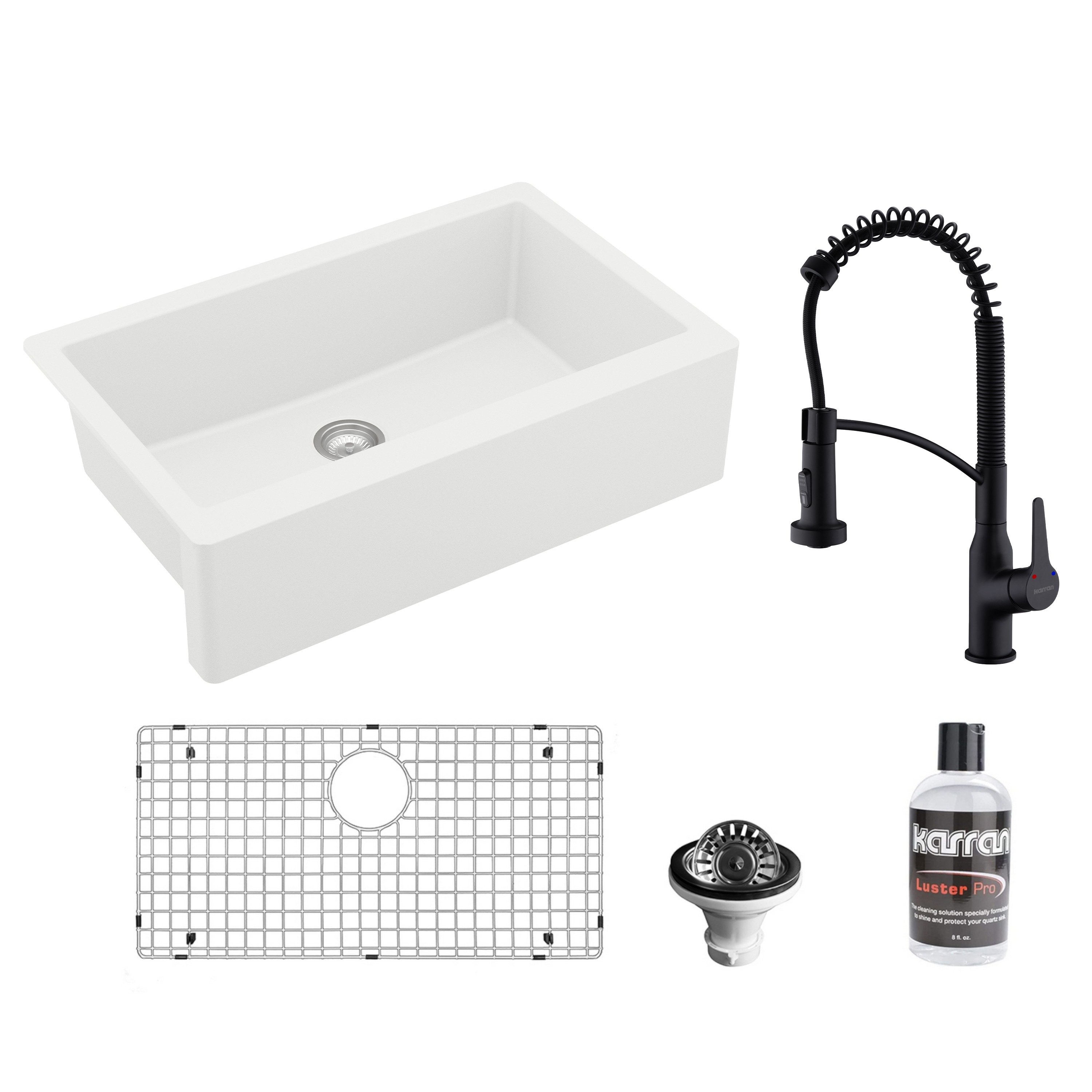 Karran Black Quartz Composite 34 in. Single Bowl Drop-In Kitchen Sink with Accessories