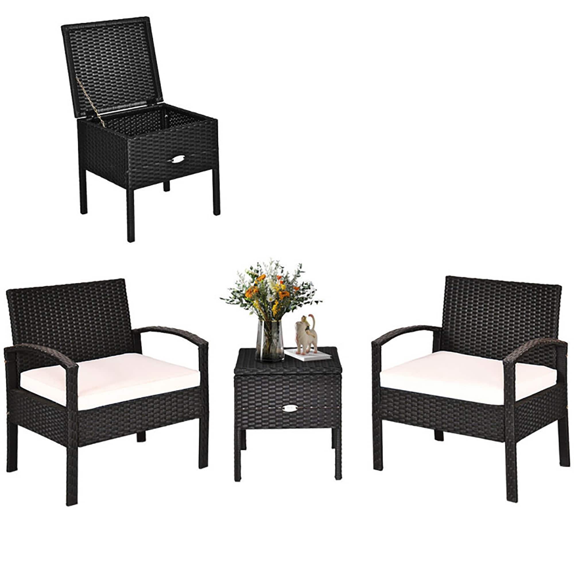 CASAINC WF-HW61379 Rattan Wicker Sofa Set 3 -Piece Rattan Patio Conversation Set with White Cushions