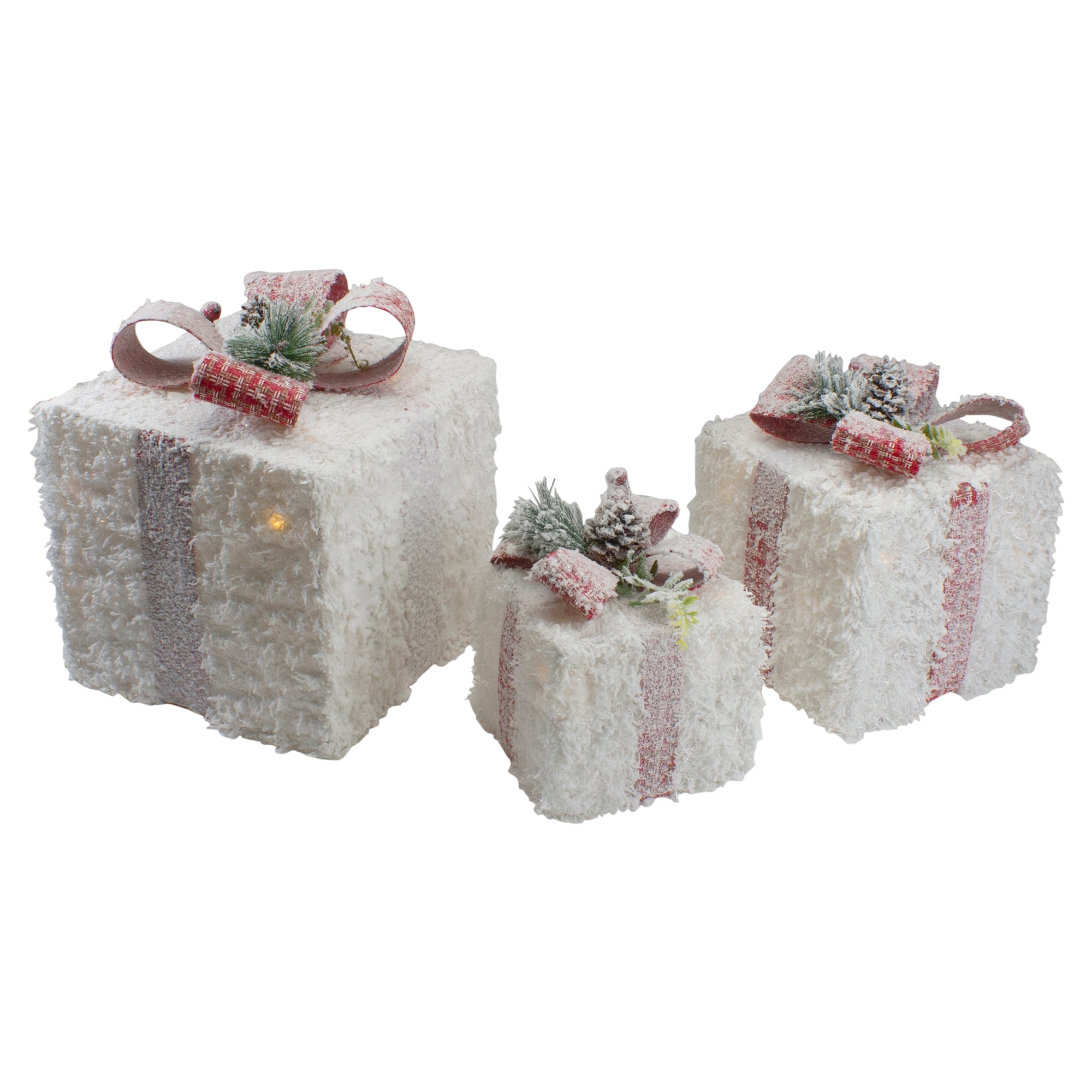 Northlight 34314910 10-in Lighted LED Flocked Rattan Christmas Gift Boxes with Pinecones - 10" - Set of 3 Tabletop Decoration Pinecone Battery-operated Christmas Decor