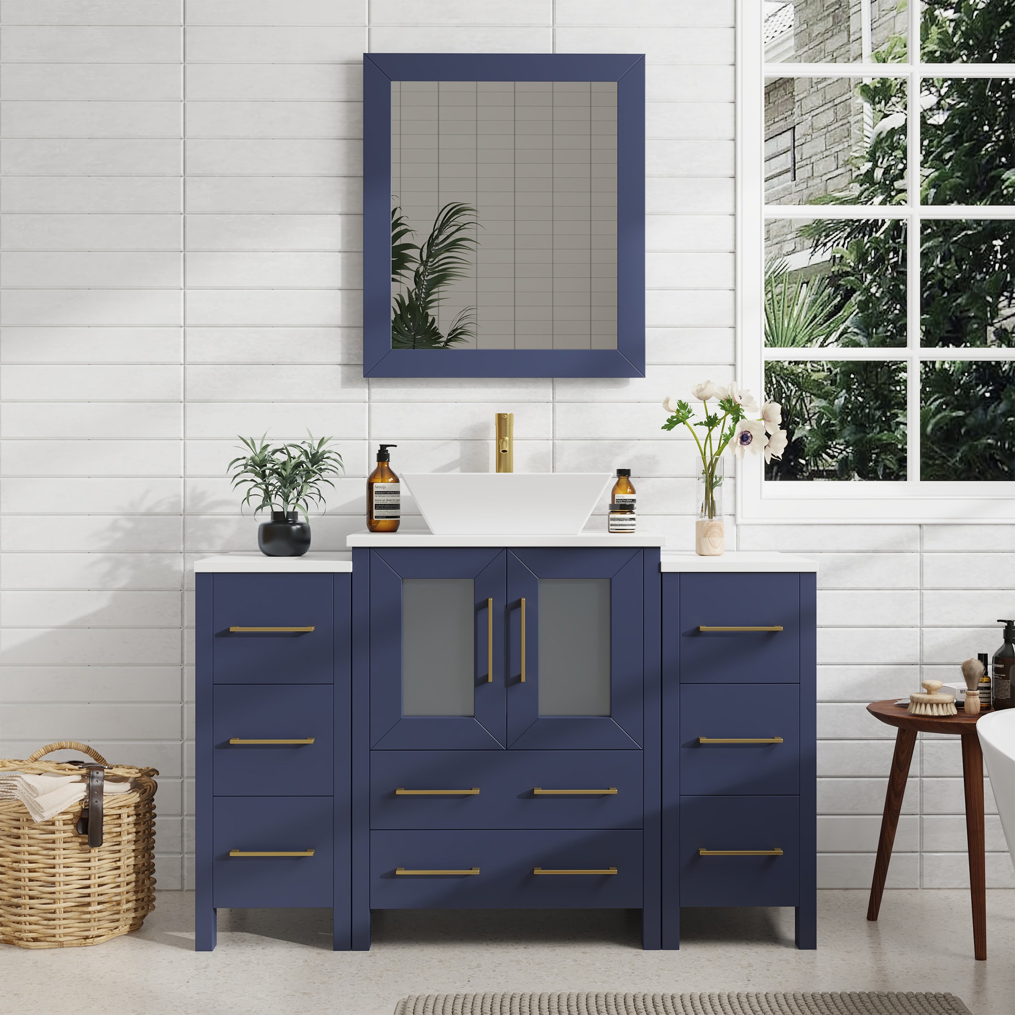 Vanity Art VA3124-48B Ravenna 48-in Blue Single sink Bathroom Vanity with White Engineered marble Top (Mirror Included)
