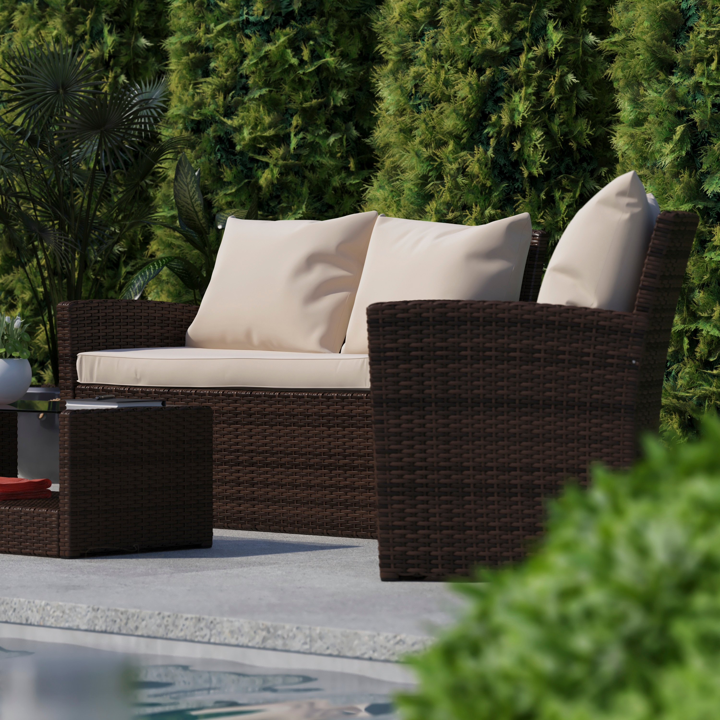 Brown and Beige 4-Piece Rattan Patio Set with Cushions