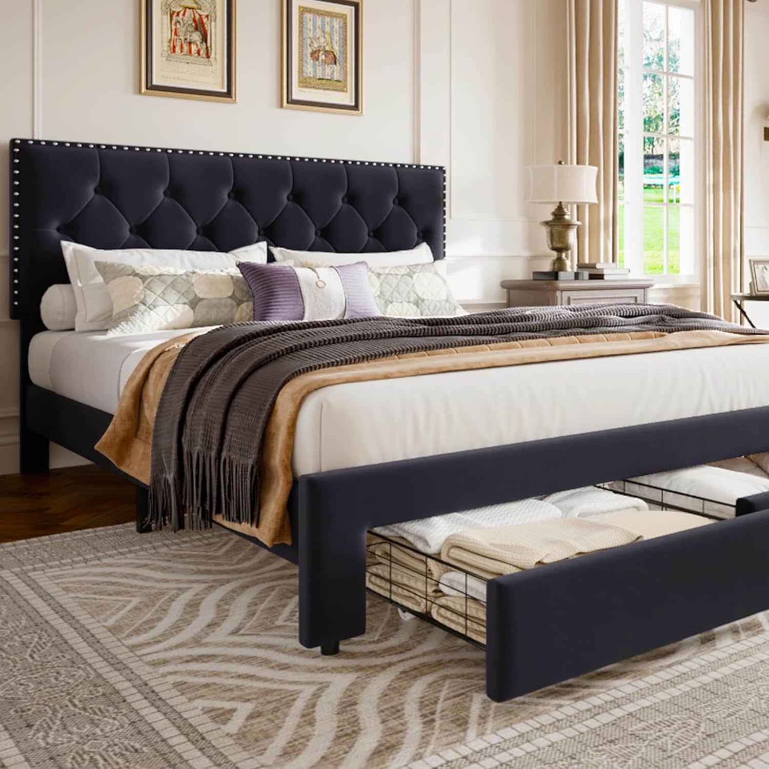 Qeetex LHF-BED-PHK-33FXLUT6 King Size Bed Frame with 2 Storage Drawers Vintage Velvet Upholstered Bedframe with Wooden Slat Support and Button Tufted Wingback Headboard No Box Spring Needed Noise Free Grey
