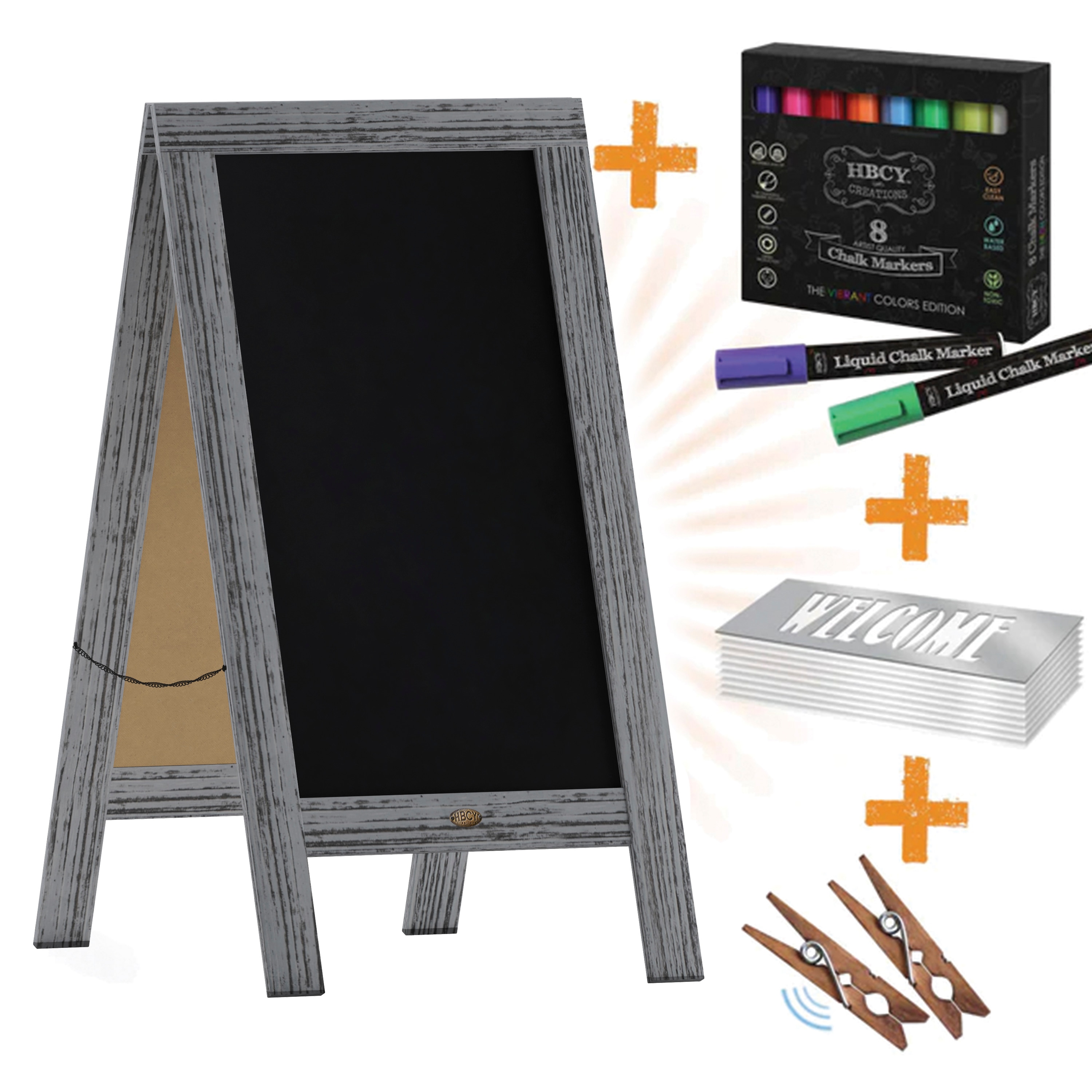 Flash Furniture 196861030703 Canterbury 40-in x 20-in Graywashed Wooden Indoor/Outdoor A-Frame Magnetic Chalkboard Sign Set with 8 Chalk Markers; 10 Stencils; 2 Magnets; and Eraser