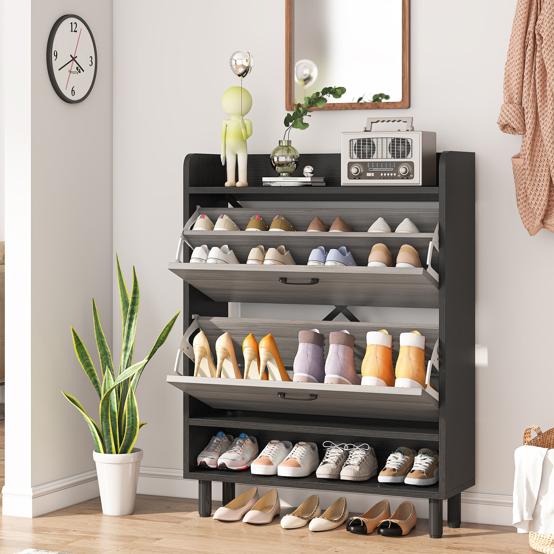 Tribesigns 48.03-in H 3 Tier 24 Pair Oak/Black Engineered Wood Shoe Cabinet  in the Shoe Storage department at