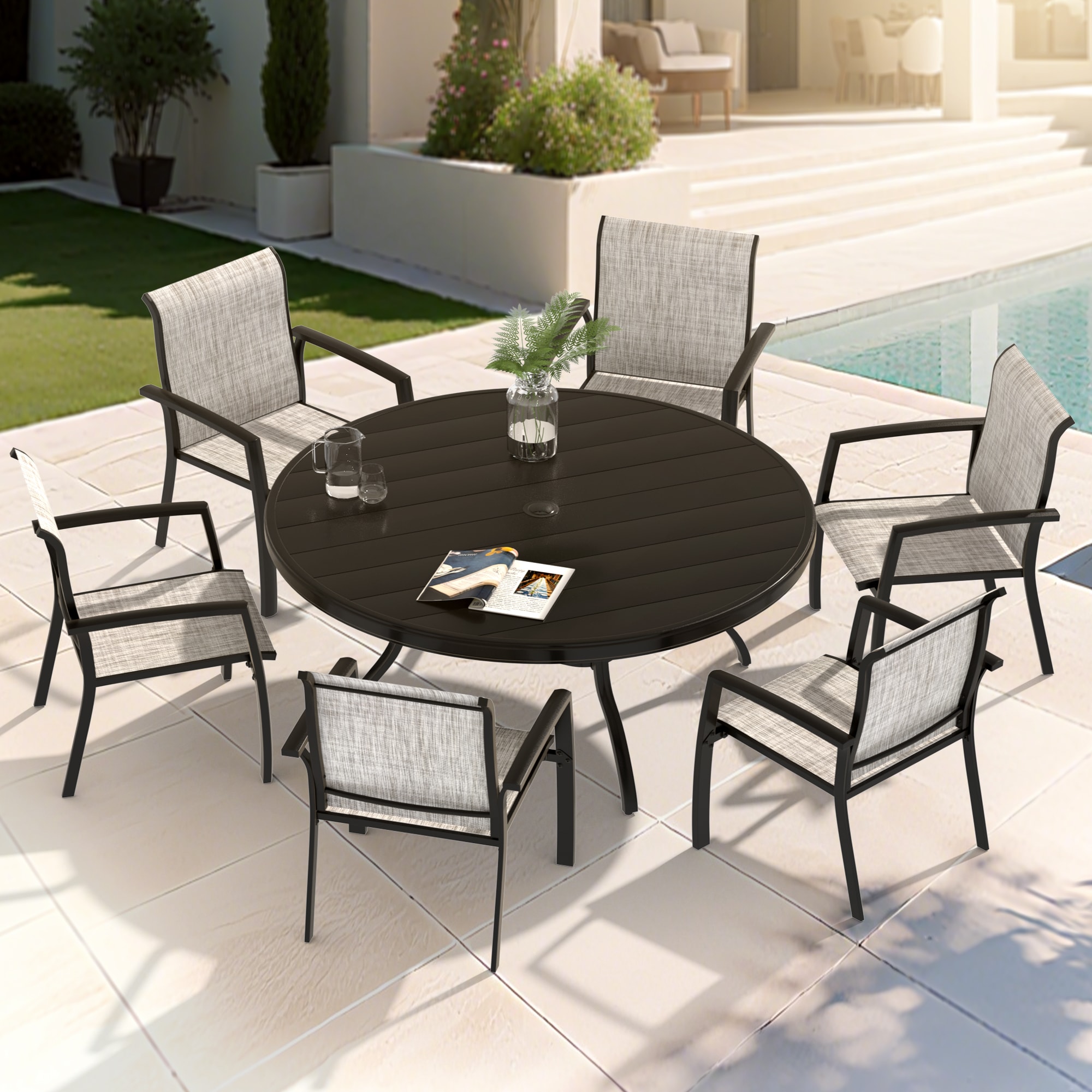 7-Piece Outdoor Dining Set Stackable Textilene Chairs 53 in Table Black