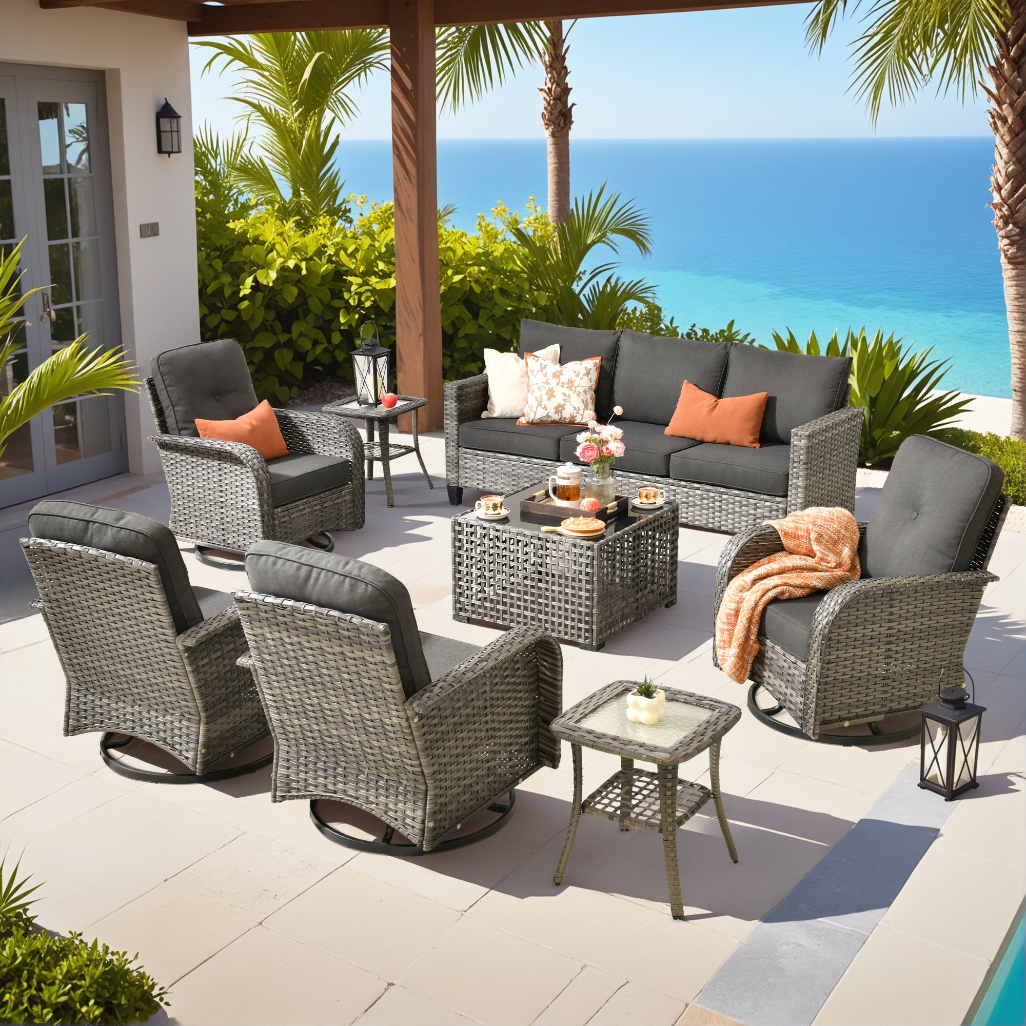 ALTRIGUS 6LYZGNCNEWGRS1081AL 8 -Piece Wicker Patio Sofa Conversation Set with Black Cushions