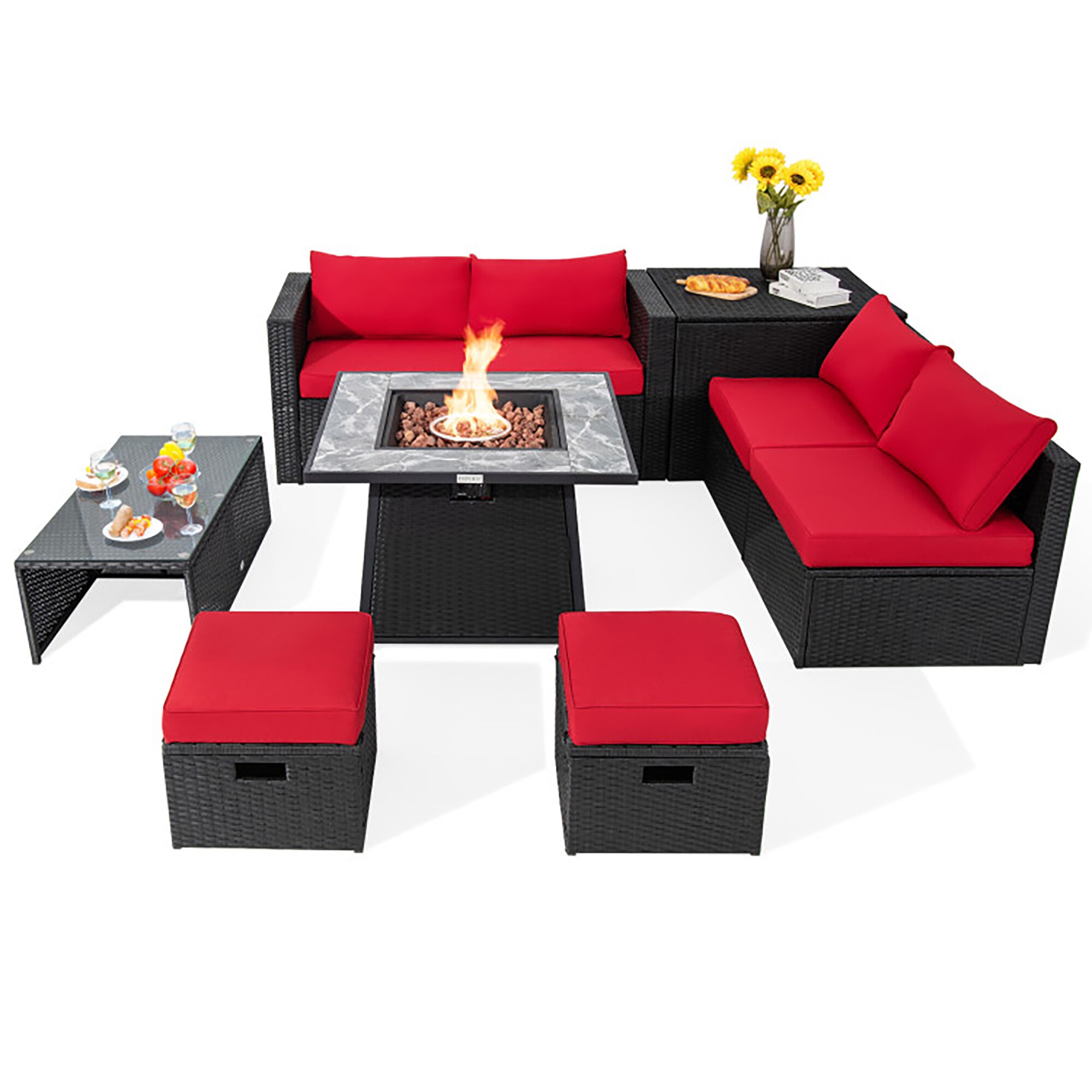 Outdoor Sectional Sofa Set with Gas Fire Pit Table 9-Piece Rattan Patio Conversation Set with Red Cushions Marble | - CASAINC CASA-BEE-04BL