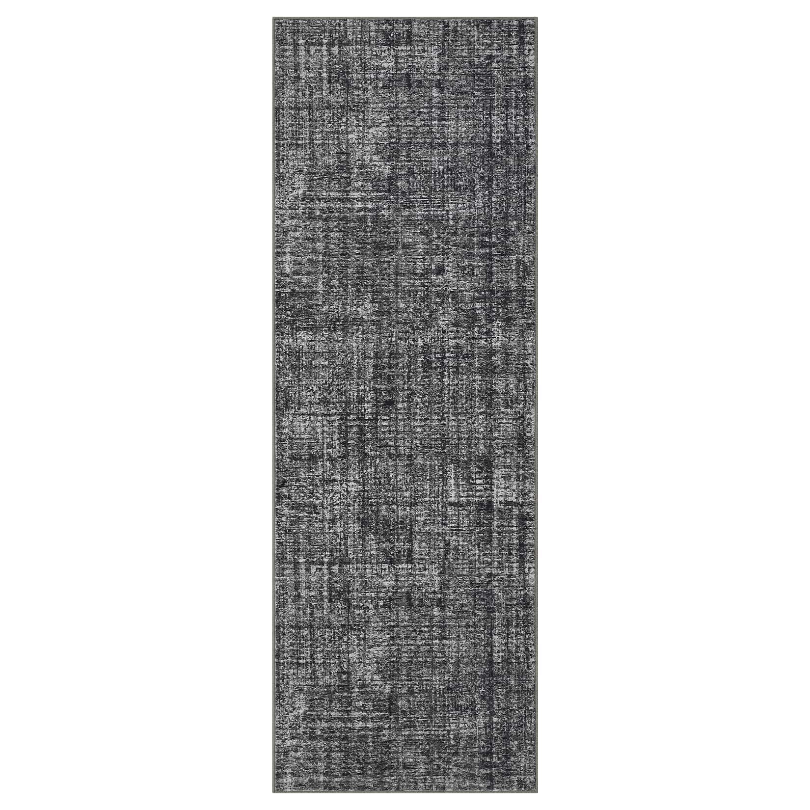 Qeetex SUNNY-PHK-33PDR75N 2 x 6 ft Polyester Dark Grey Rectangular Laundry Bathroom Kitchen Floral Solid Modern Non Slip Machine Washable Runner Rug