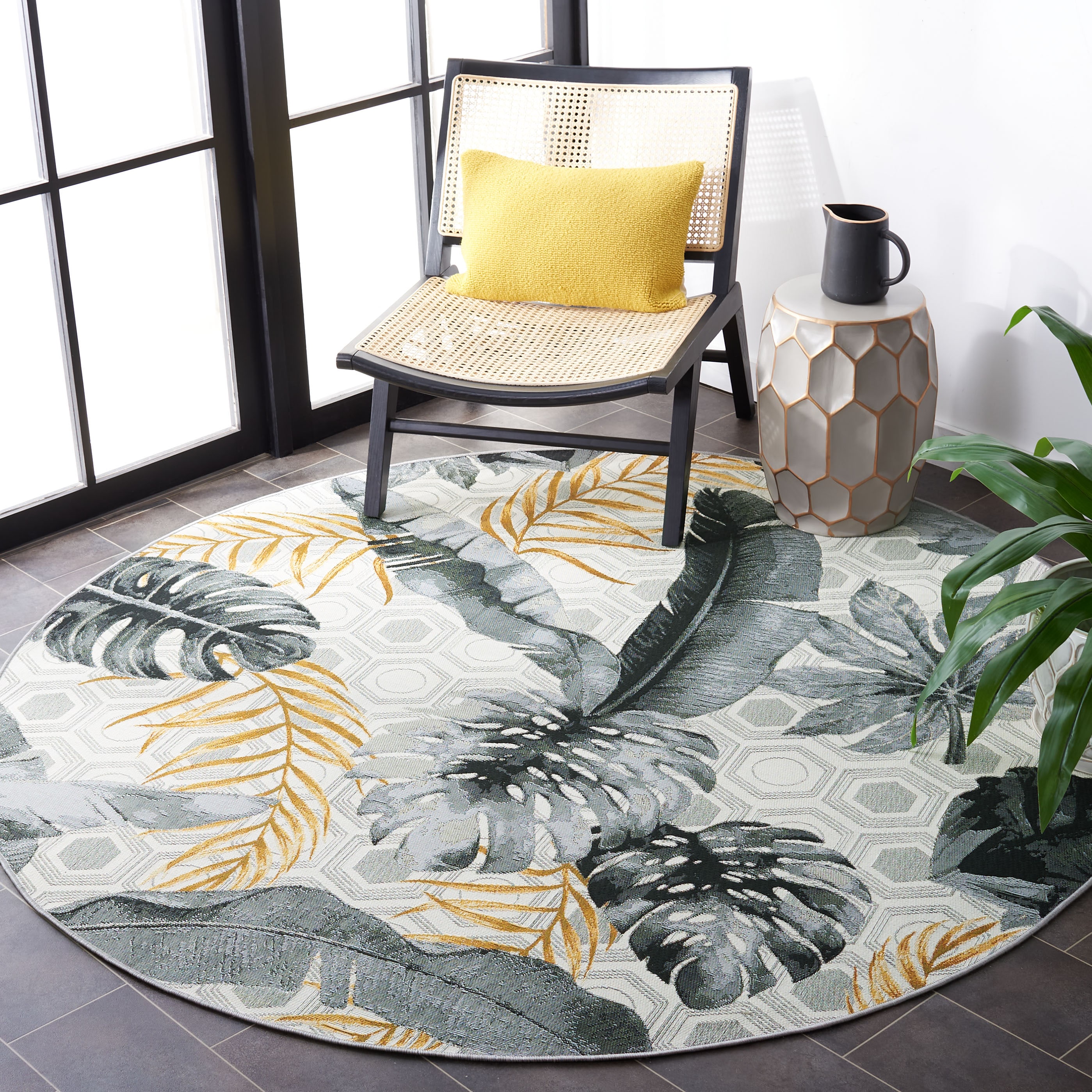 Gray and Gold Tropical Botanical Round Synthetic Area Rug, 8' x 8'