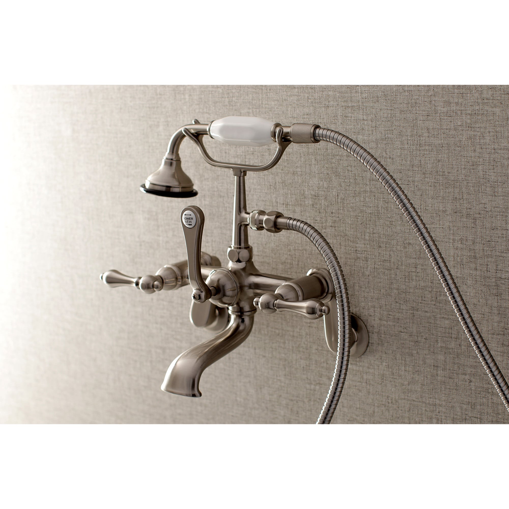 Kingston Brass WLAE51T8 Aqua Vintage Brushed nickel 3-handle Wall-mount Low-arc Bathtub Faucet with Hand Shower ( Valve Included )