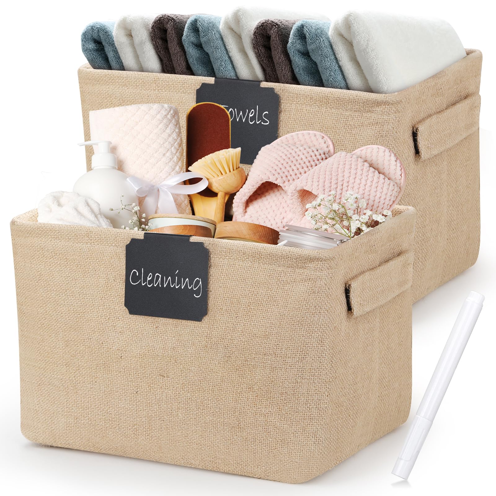 Oyezvary  2 pack burlap storage baskets collapsible bins with metal frame labels for closet shelves nursery office farmhouse decor home