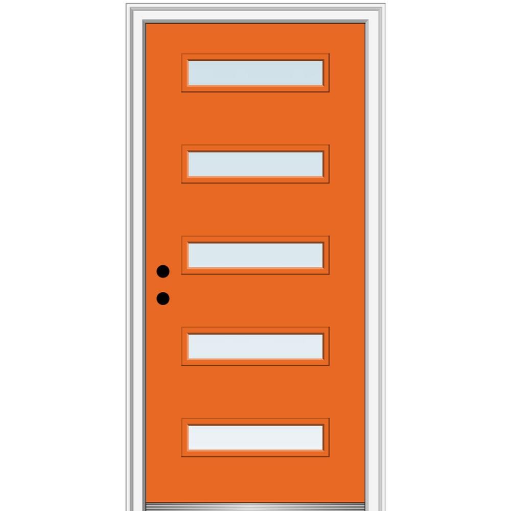 MMI DOOR ZZ349113R Spotlights 32-in x 80-in x 6-9/16-in Fiberglass Pulse lite Right-hand inswing Tangerine Painted Prehung Front Door with Brickmould Insulating core