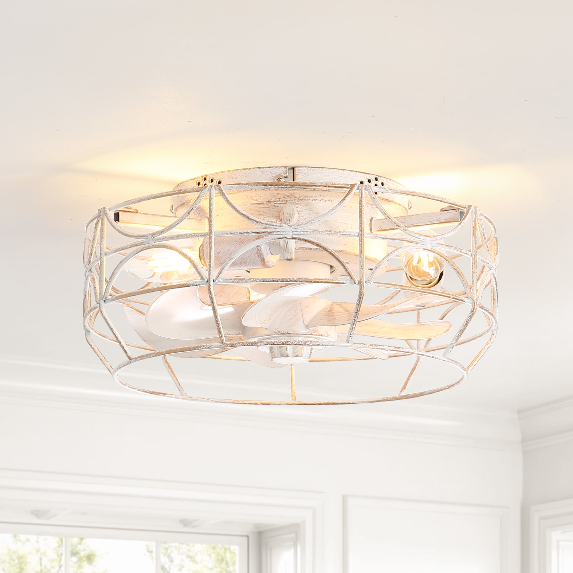 Breezary 35024-WG 13-in Flush Mount Distressed White and Gold with White Blades Fandelier Ceiling Fan With Light - Remote Included ( 7 -Blade )