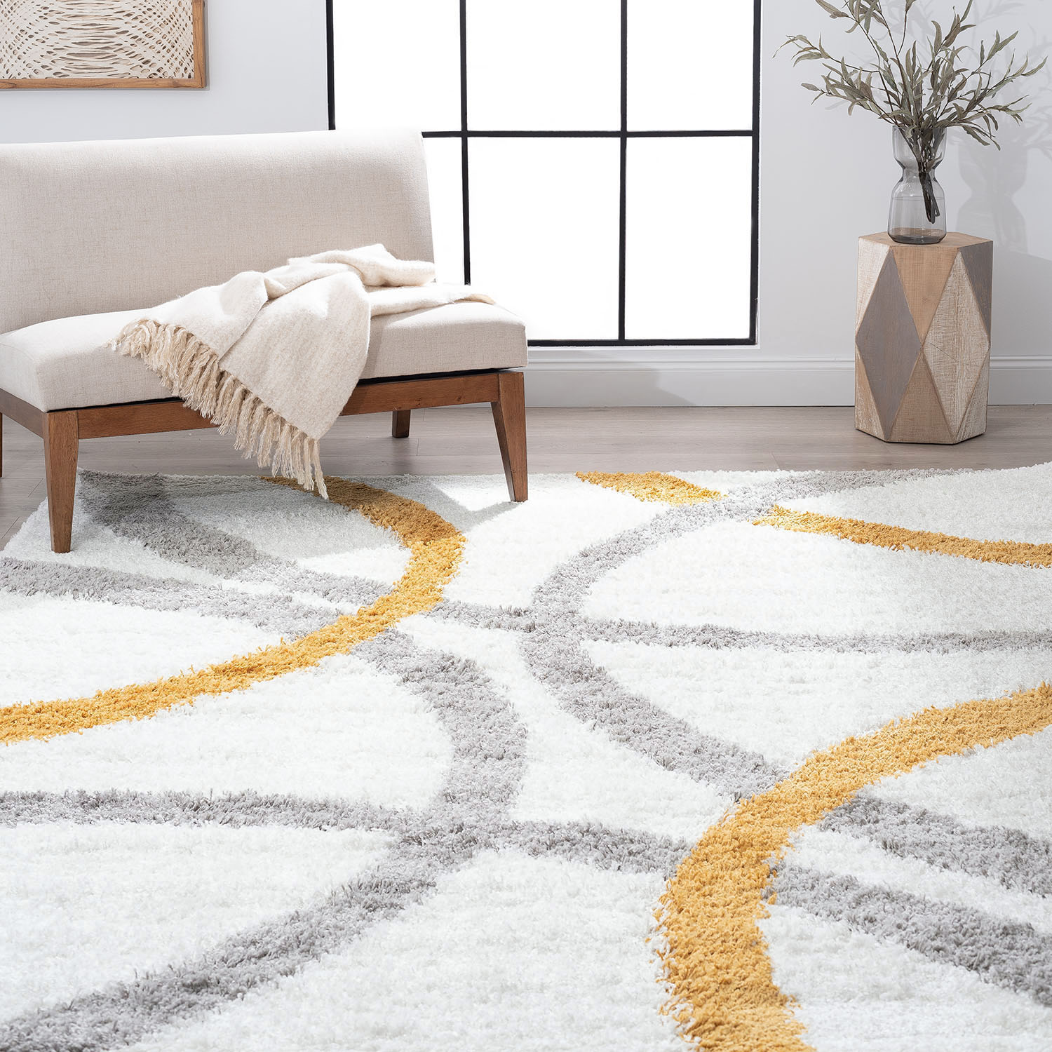 Tayse UPT1161 8X10 Uptown Shag 8 x 10 (ft) Loomed Polypropylene White/Yellow Rectangular Indoor Geometric Mid-Century Modern Area rug