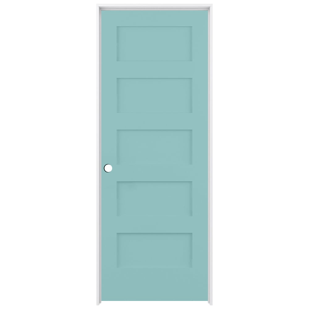 RELIABILT LO1369861 30-in x 80-in Sea Mist Solid core 5-panel equal Right hand Smooth Prefinished Pine Wood Flat Jamb Single Prehung Interior Door