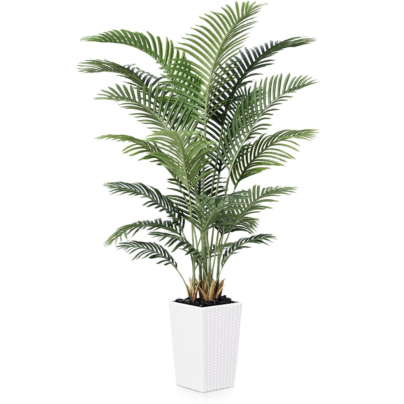 VeriNatural 72-in Green Indoor/Outdoor Floor Palm Artificial Plant - Fake Tree with White Planter and Black River Rock Potted Faux Tropical Plant