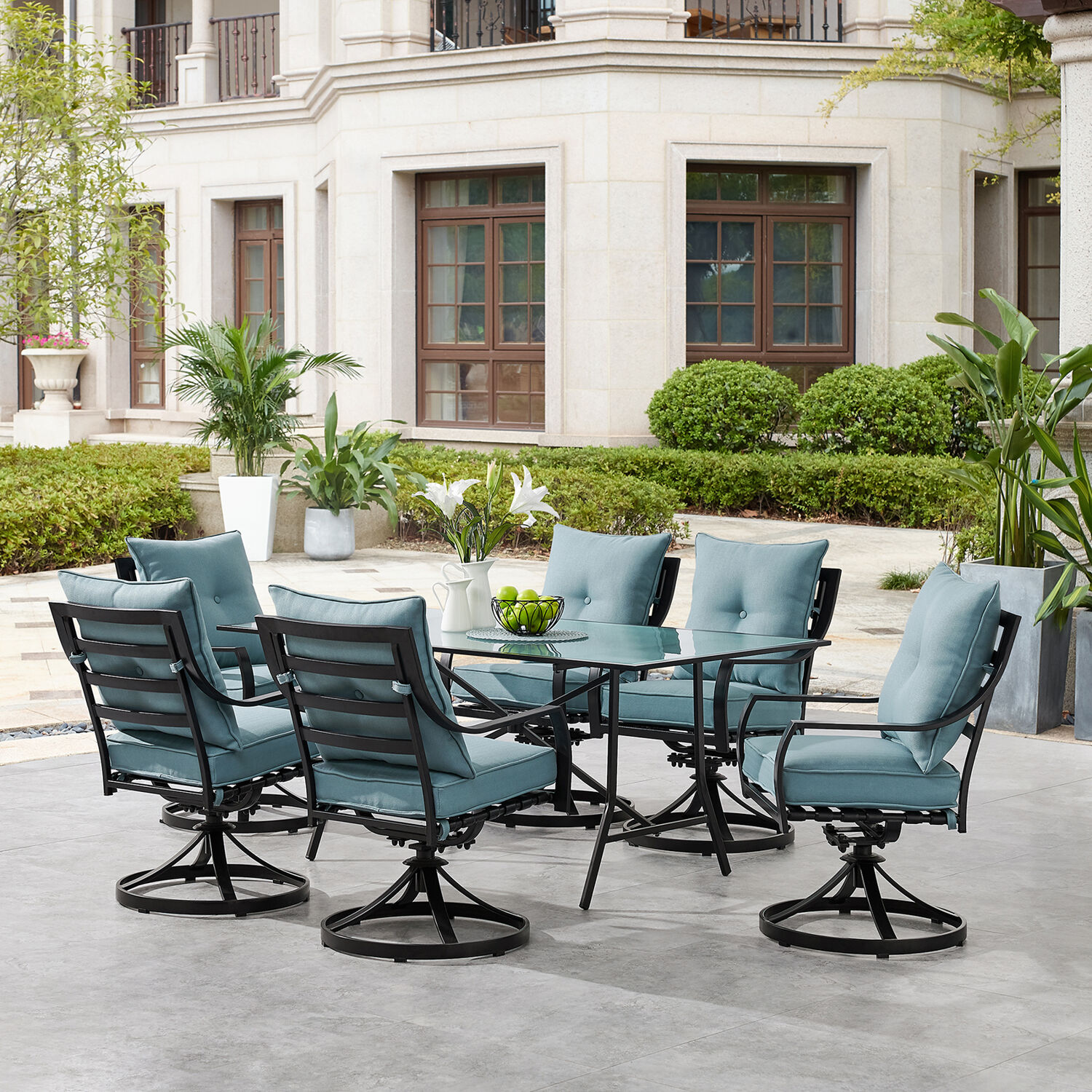 Hanover LAVDN7PCSW-BLU Lavallette 7 -Piece Black Patio Dining Set Steel Rectangle Table with 6 Blue Cushions Swivel Rocker Chairs