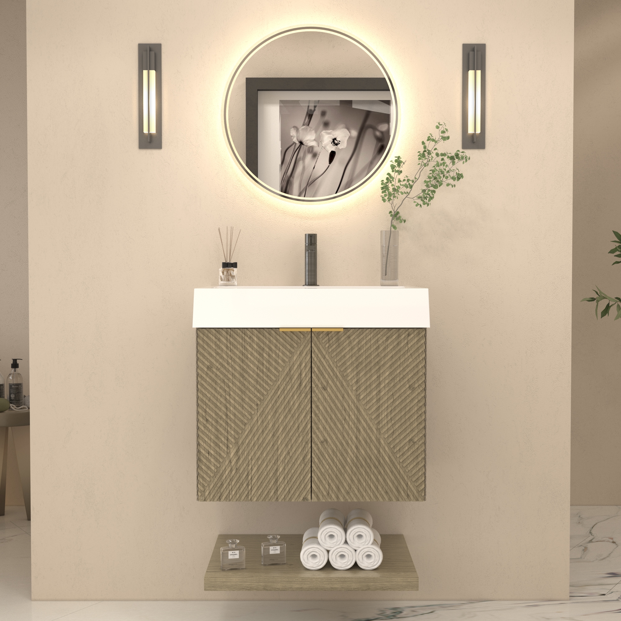 BV Better Vanity MT24-HG Stella 24-in White Oak Single Sink Floating Bathroom Vanity with White Acrylic Top