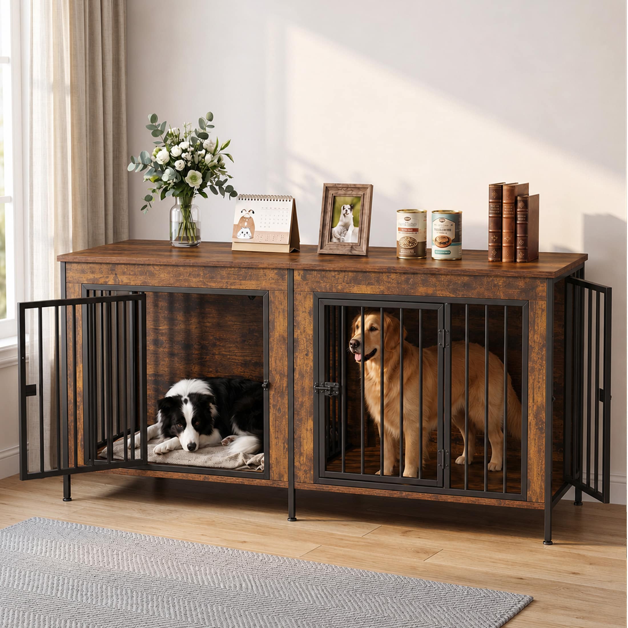 Sweetcrispy Wooden Double Dog Crate Furniture for Medium and Large Dogs Heavy Duty Indoor Dog Kennel with Divider and Multi-Doors Rustic Brown ( 53.9 L x 20.5 W x 25.6 H )