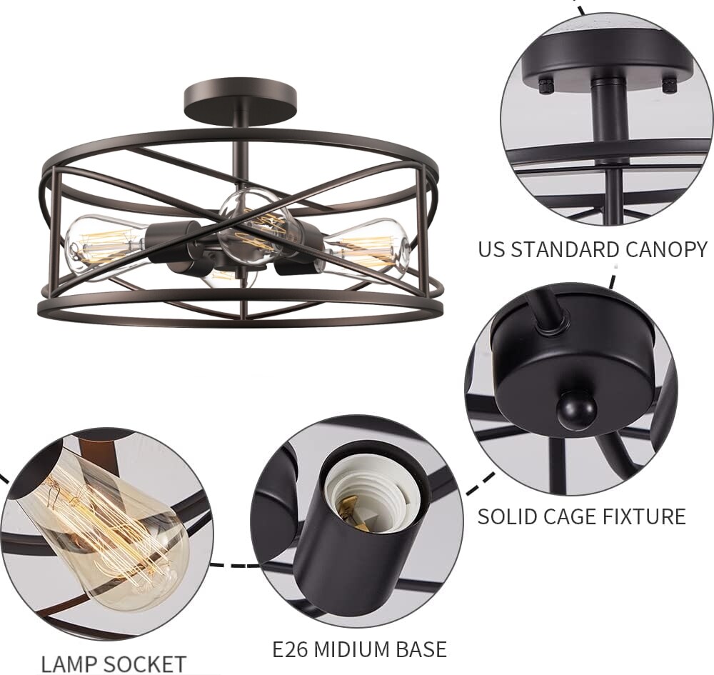 Defong 17'' Oil Rubbed Bronze 4-Light Caged Drum Semi Flush Mount