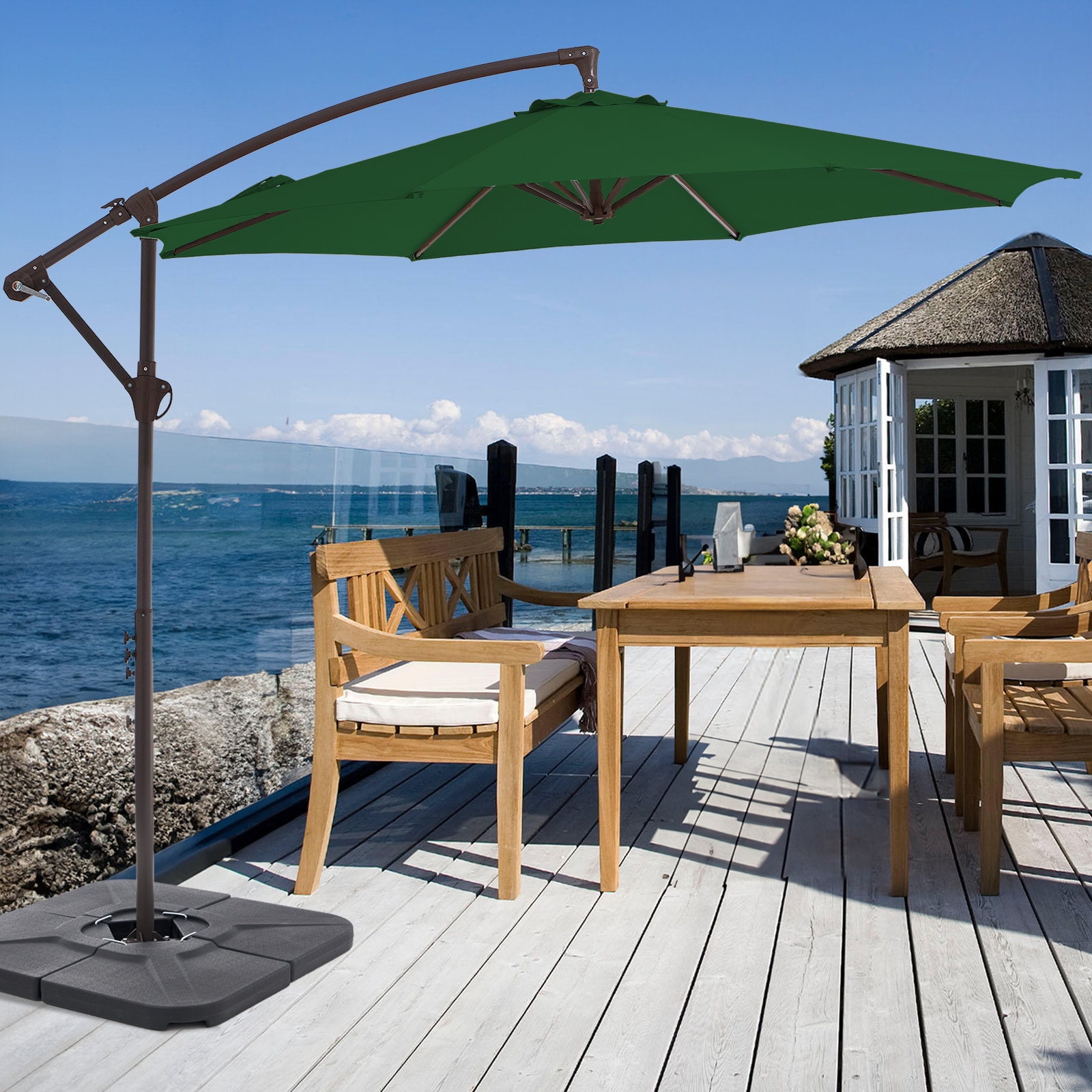 JEAREY JE-24-DG-2 10-ft Aluminum Green Crank Offset Patio Umbrella with Base