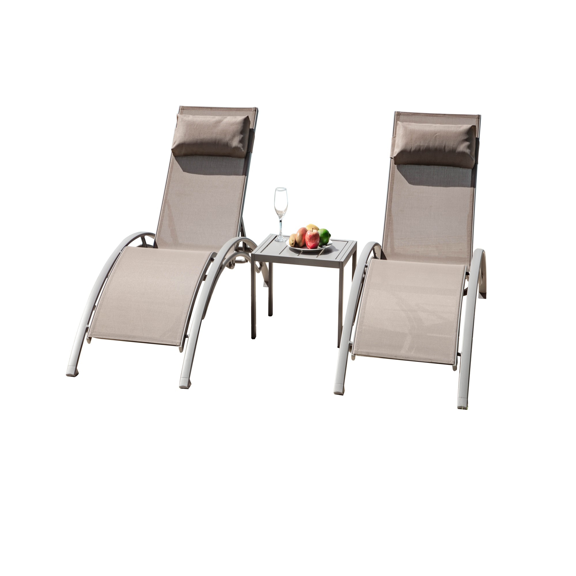 GZMR GZ-CPL-09833 Pool Lounge Chairs Set of 3 Set of 2 Khaki Aluminum Frame Stationary Chaise Lounge Chair with Brown Textilene Fabric Solid Seat