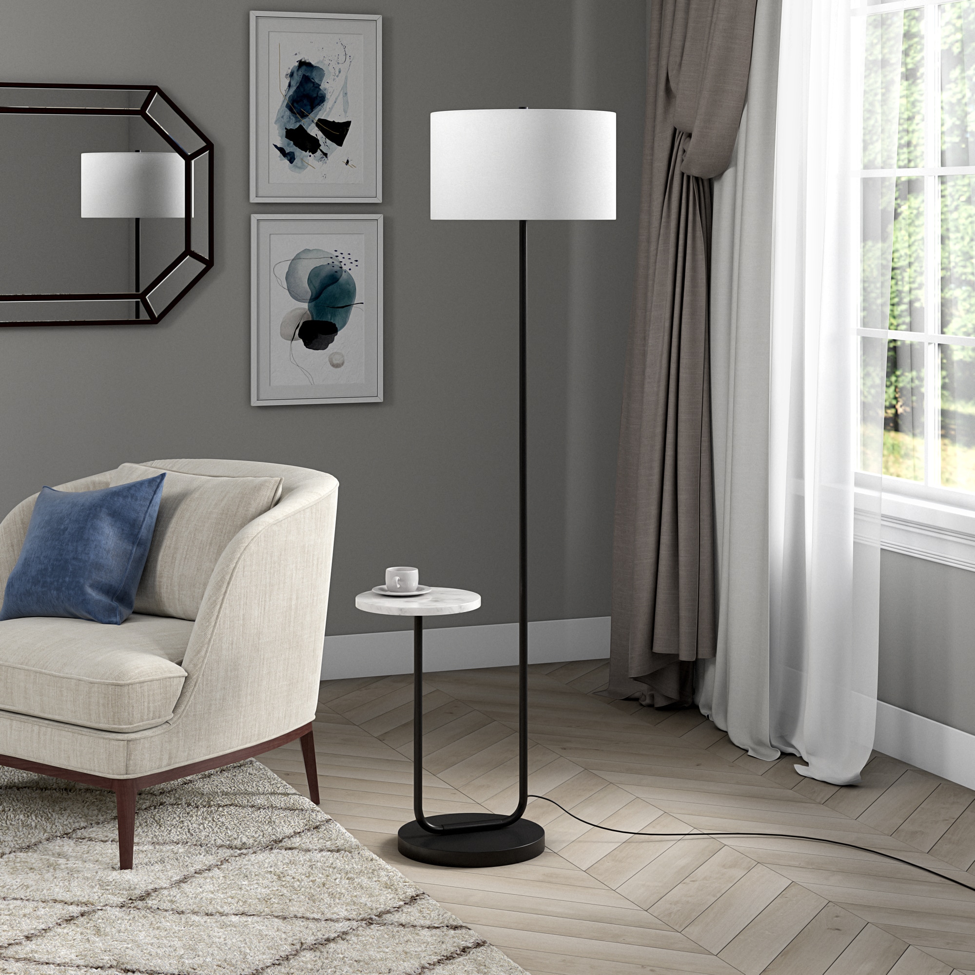 Hailey Home FL2128 Jacinta 65.75-in Blackened Bronze/White Marble Standard Floor Lamp with Fabric Shade