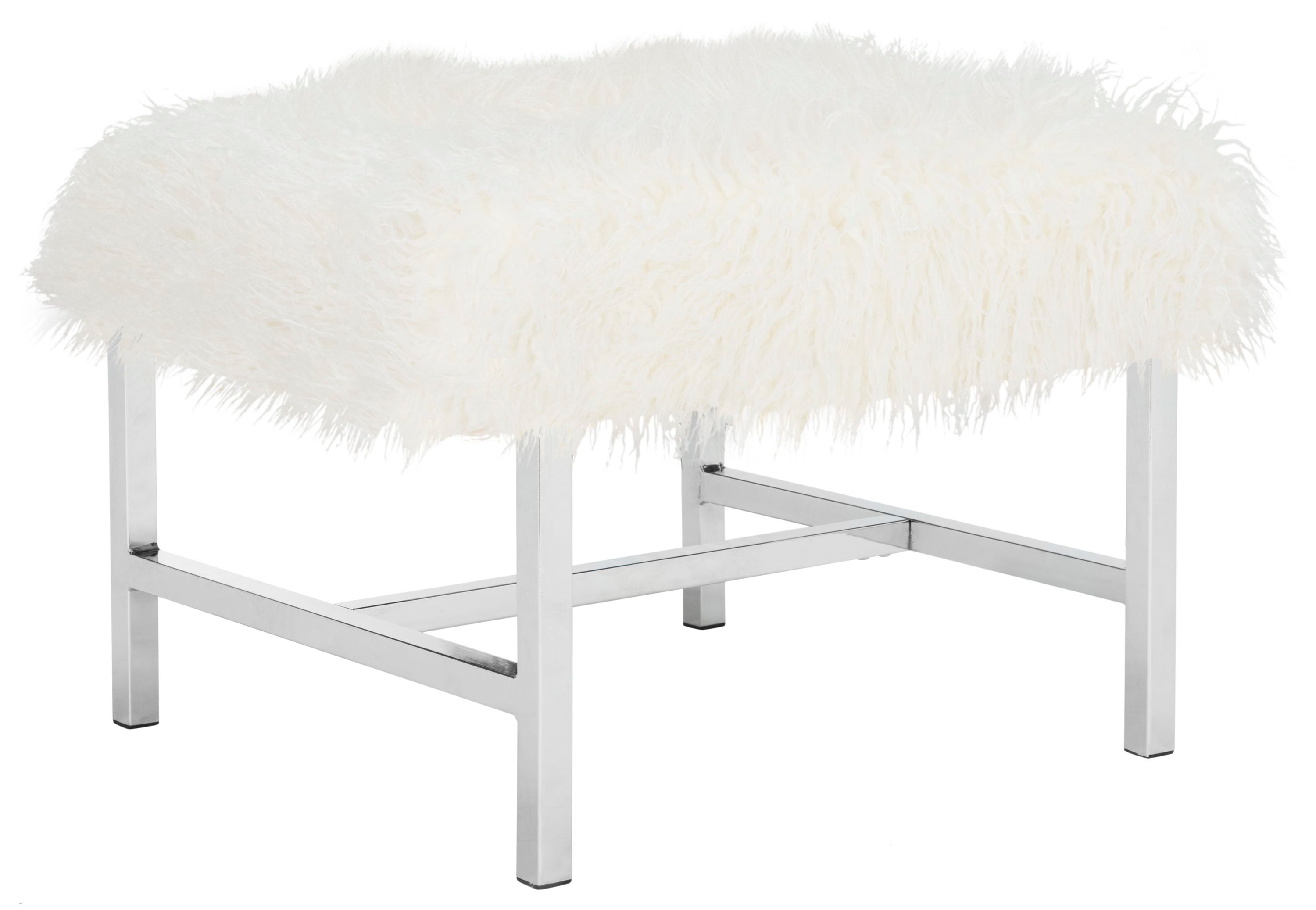 White Faux Sheepskin and Chrome Square Ottoman