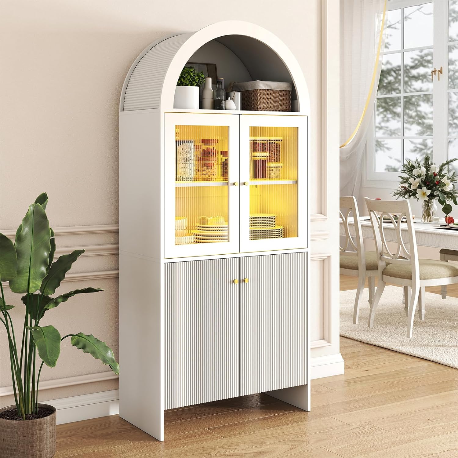 Zevemomo 69 Inch Tall 5 Tier Dome Cabinet with Lights Farmhouse Wood Storage Cabinet White