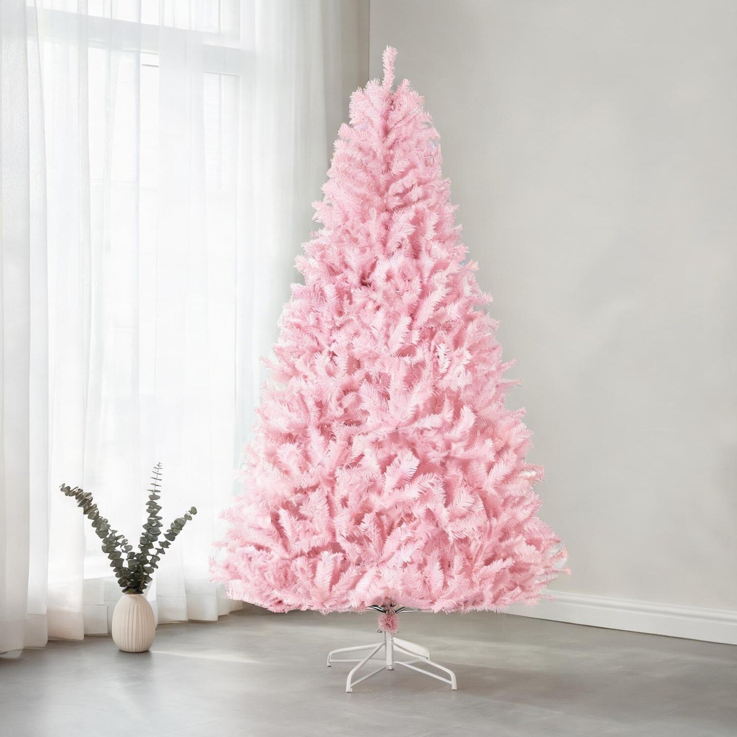 FlowLuxe Create a Romantic Holiday Scene with a Classic Pink 7-Foot Artificial Christmas Tree Wide Full Shape and Auto-Open Branches