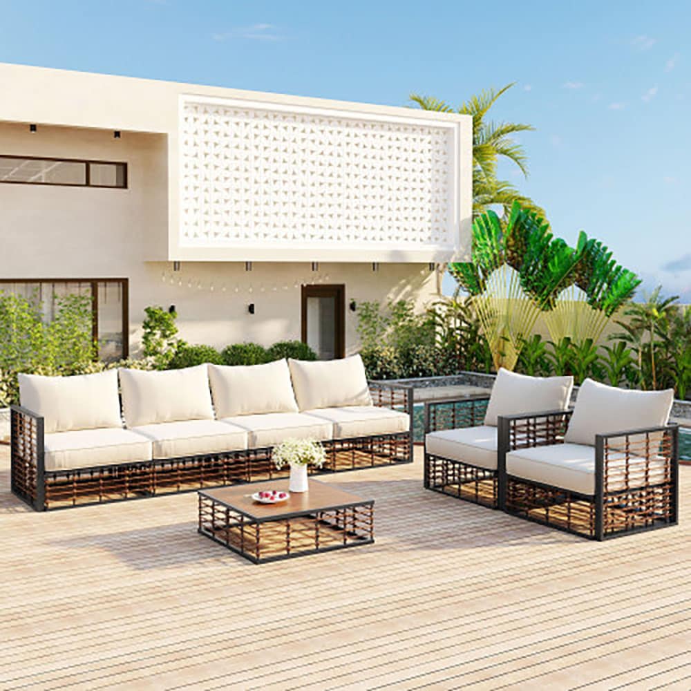 GZMR GZ-W2089S012 7-Piece Metal Patio Sectional Sofa Set 7 -Piece Rattan 3 Patio Sofa Conversation Set with White Cushions