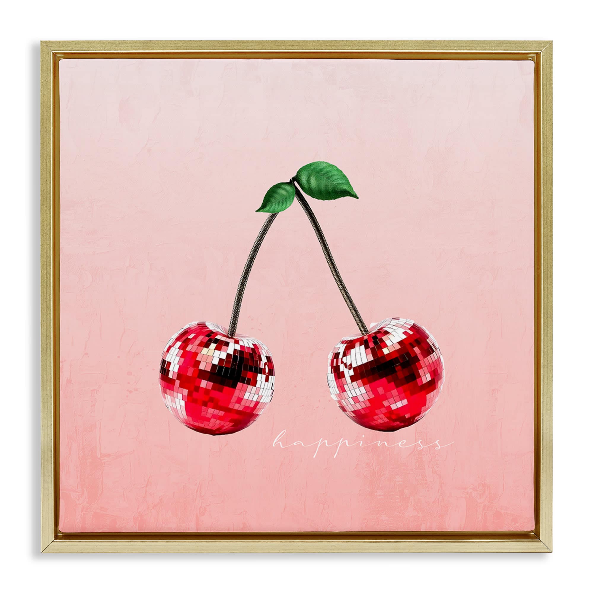Stupell Industries BS-445-FFG-17X17 Happiness Disco Cherries Gold Framed Floater Canvas Wall Art By Kim Allen 18 x 18