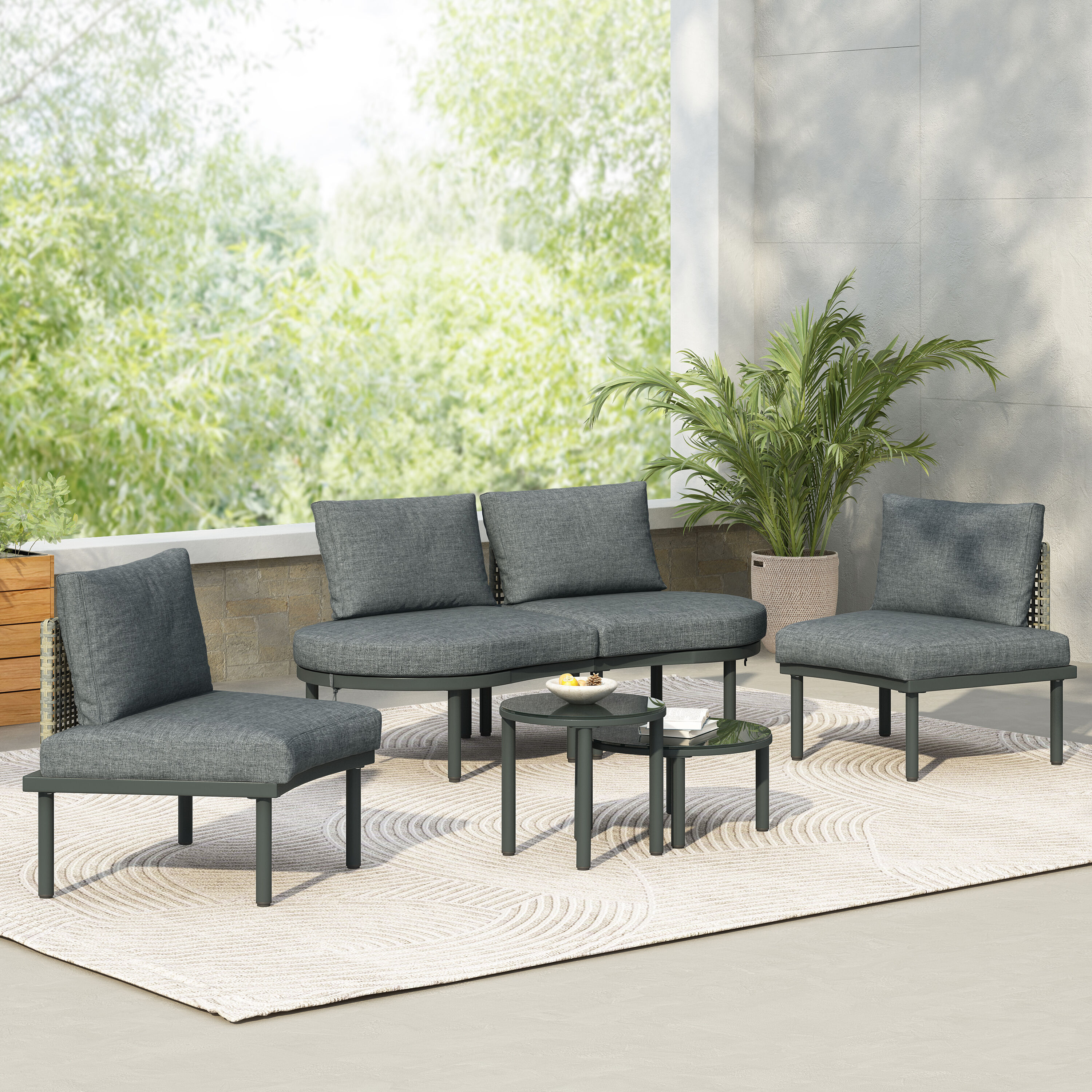 ModernLuxe L-SP100028AAE 6-Piece Patio Sofa Furniture Set, Half Moon Outdoor Sectional Sofa with 2 High-Low Coffee Tables, PE Wicker Rattan, Tempered Glass, 4 Pillows Cushions, for Backyard, Garden, Poolside,Gray 6 -Piece Rattan Patio Conversation Set with Gray Cushions