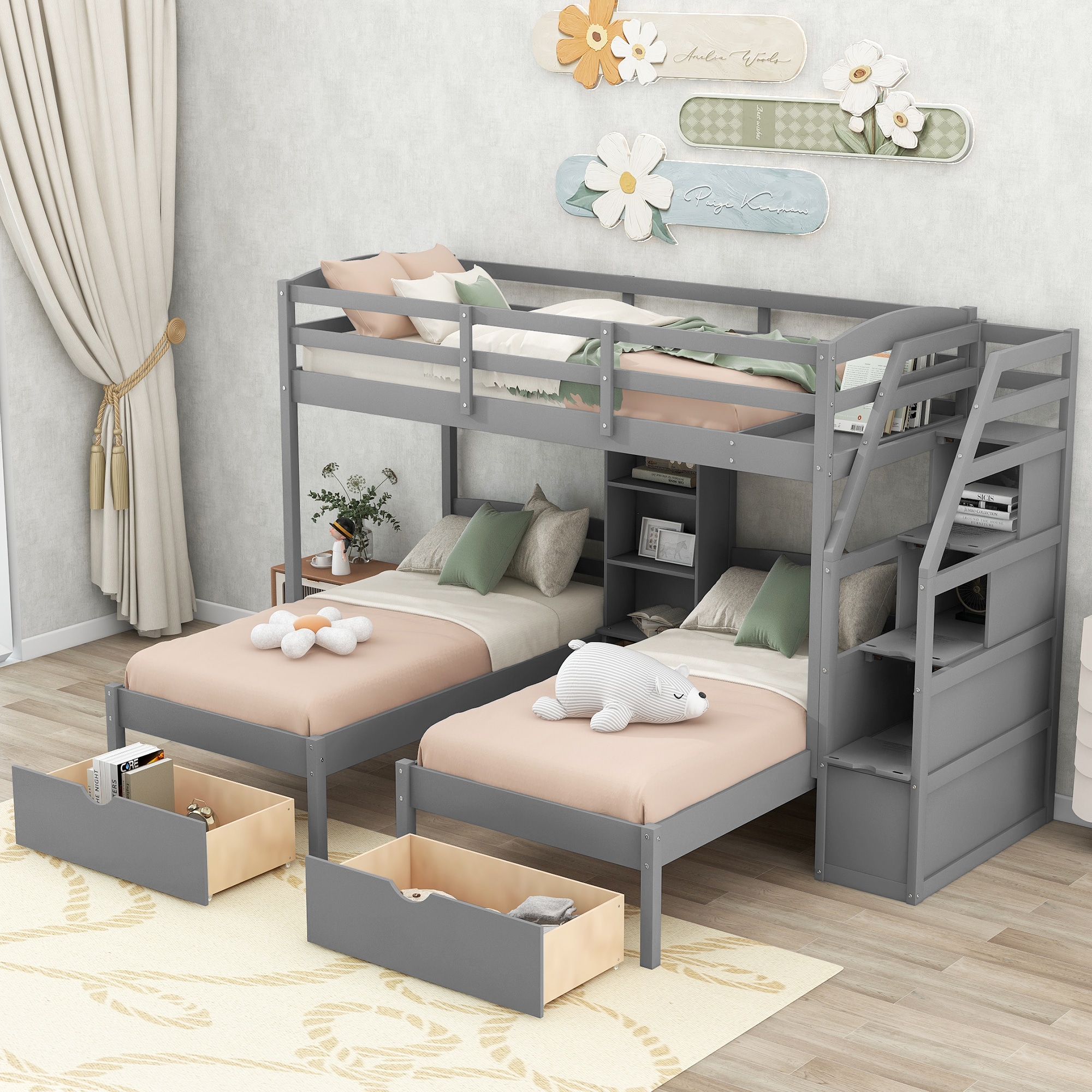 ModernLuxe GX000324AAE Twin over TwinTwin Bunk Bed Triple Bunk Bed with Drawers Staircase with Storage Builtin Shelves Gray
