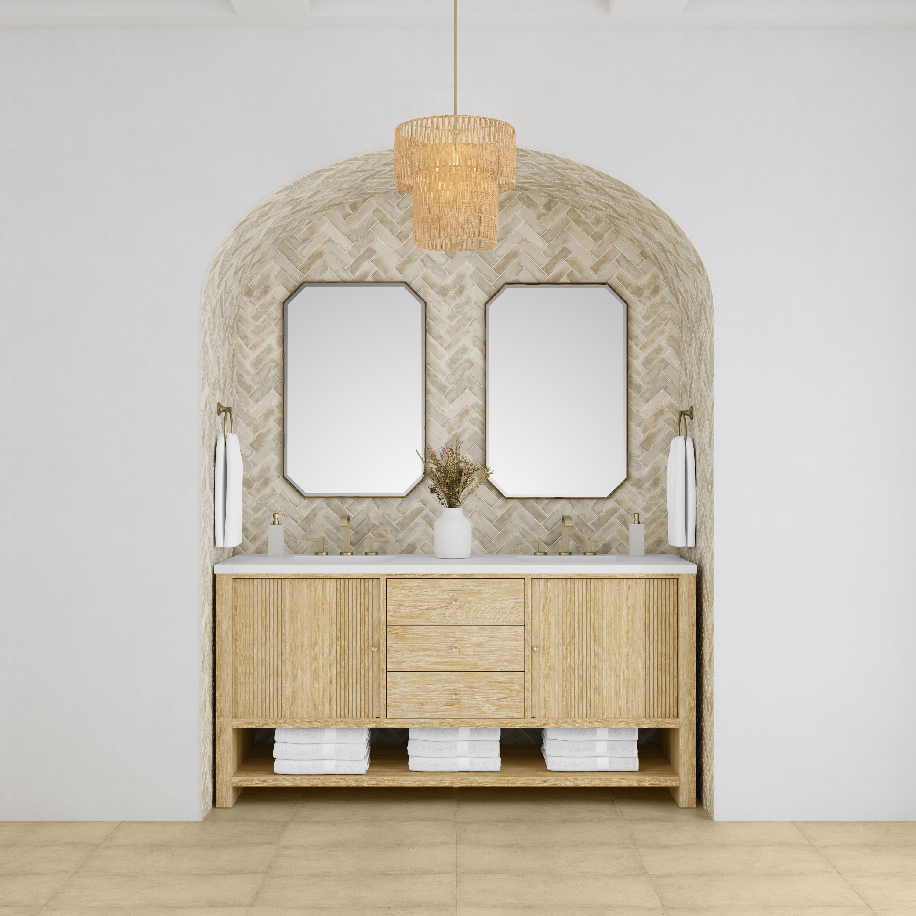 Sunwashed Oak 72" Double Freestanding Vanity with White Quartz Top