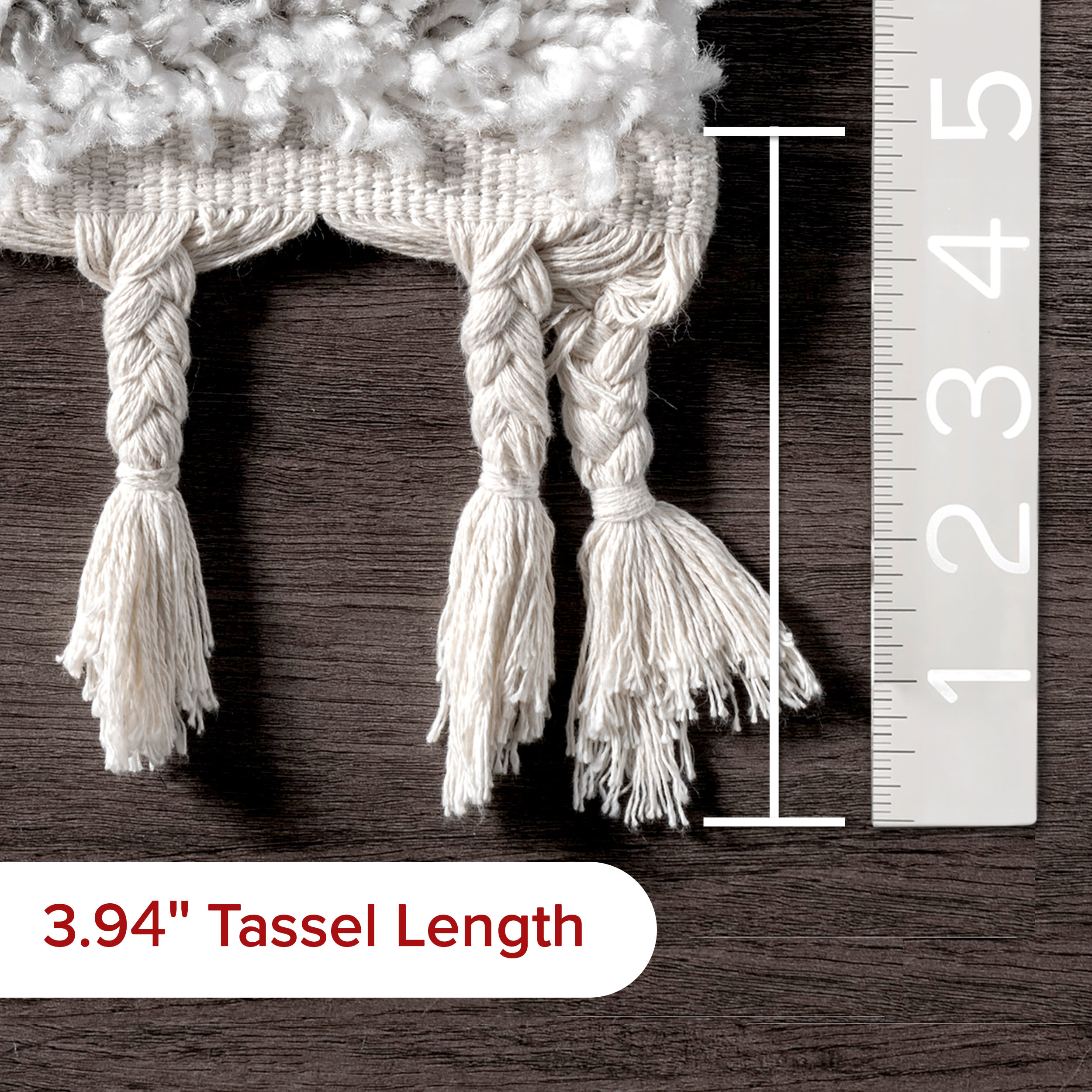 Plush White Synthetic Braided Tassel Shag Rug 5'3" x 7'7"