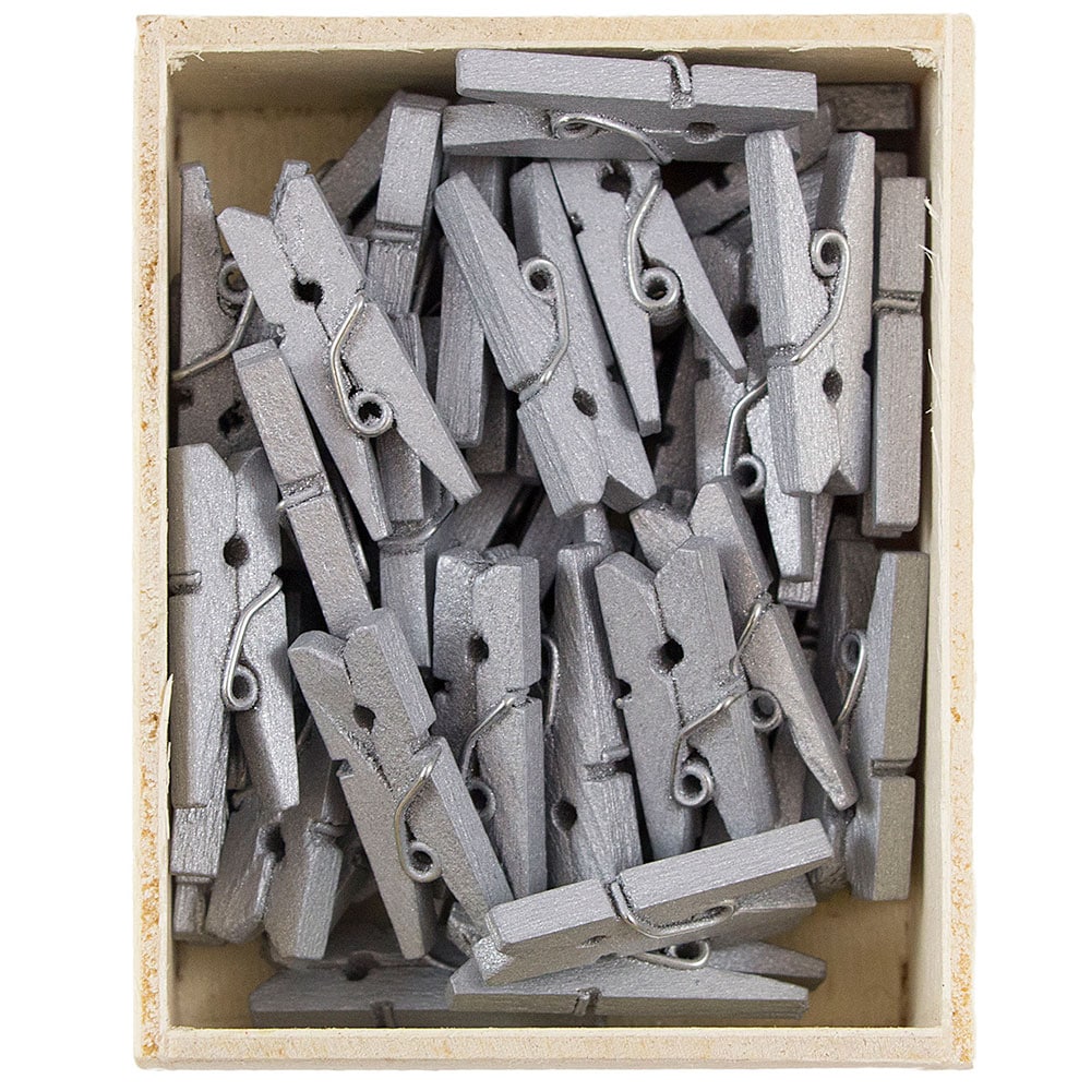 Jam Paper Wood Clip Clothespins - Medium - 1 1/8 inch - Silver - 50 Clothes Pins/Pack