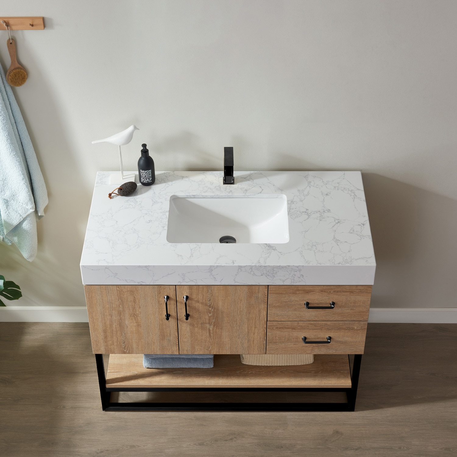 42 Inch Oak Single Vanity with White Stone Top and Matte Black Frame