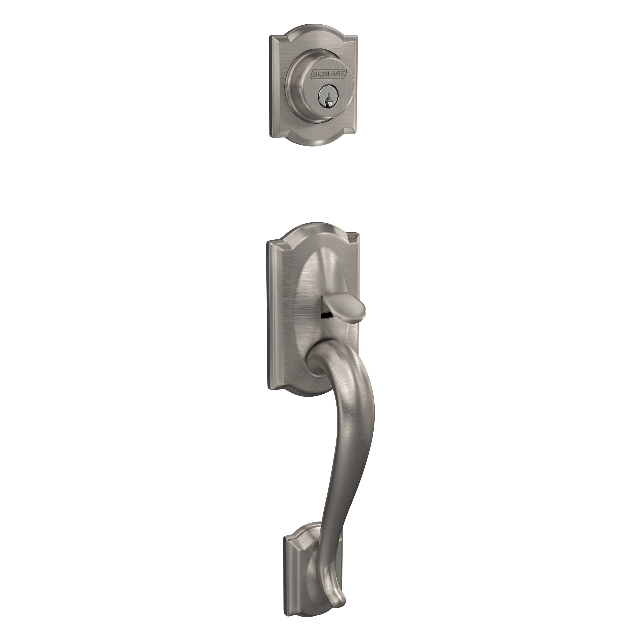 Schlage F58 CAM 619 G Customizable Keying Camelot Satin Nickel Entry Door Exterior Handle with