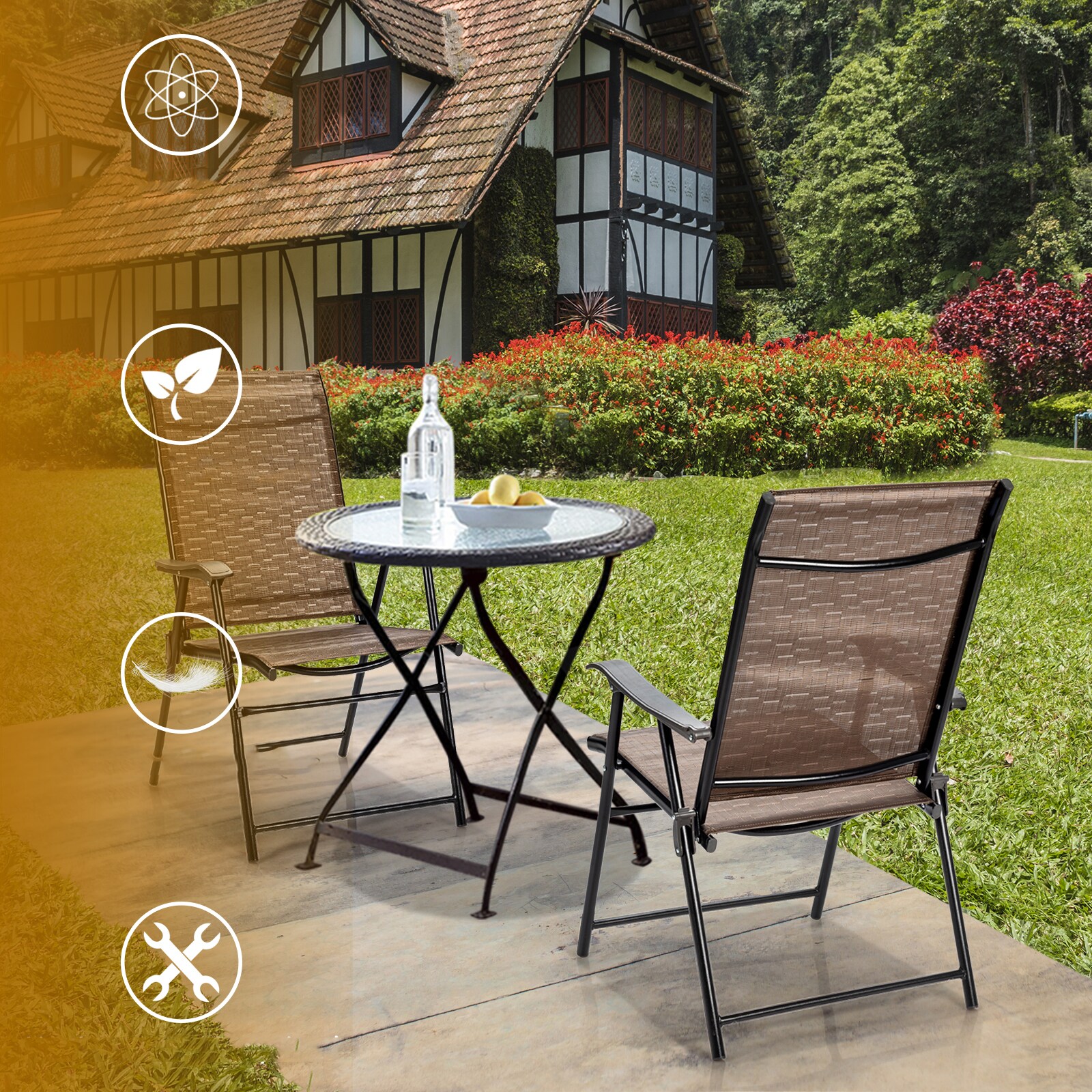 Brown Steel Frame Foldable Patio Dining Chairs with Mesh Seats, Set of 2