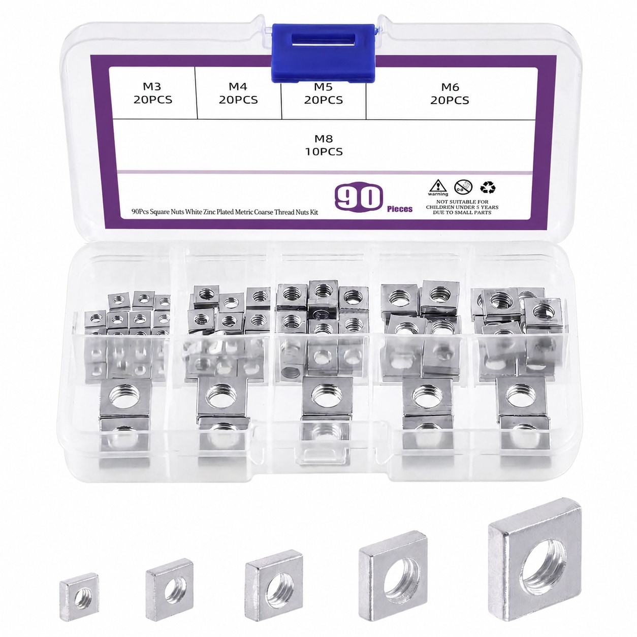 KHKFY 90 Pieces Metric Coarse Thread Square Nuts Assortment Kit with Five Sizes M3 M4 M5 M6 M8 White Zinc Plated for Home and Automotive Use #LKH0819H373