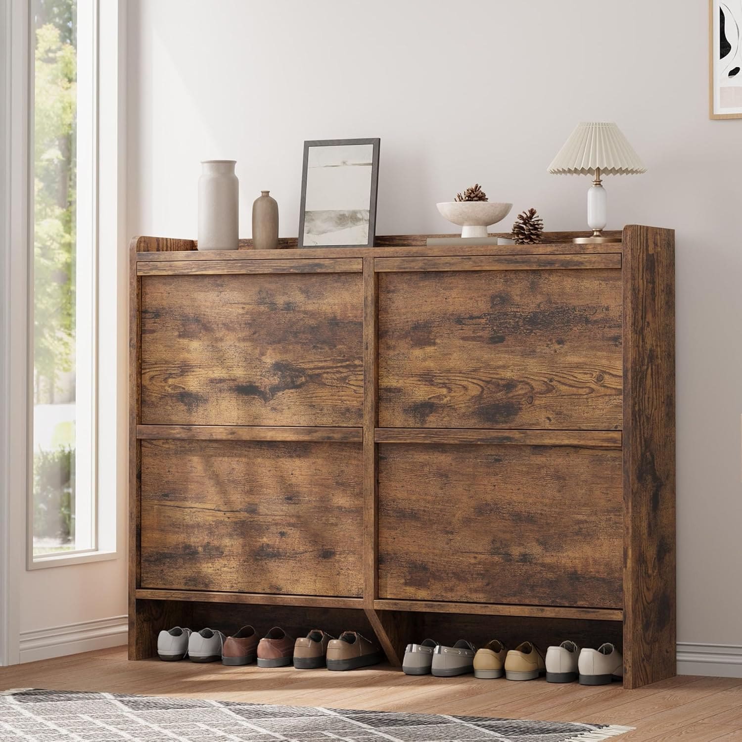 Qeetex LHF-XG-5915052 Shoe Cabinet with 4 Flip Drawers Wooden Shoe Organizer Cabinet with Adjustable Shelf Shoe Storage for Entryway Hidden Shoe Cabinet for Hallway Living Room Rustic Brown