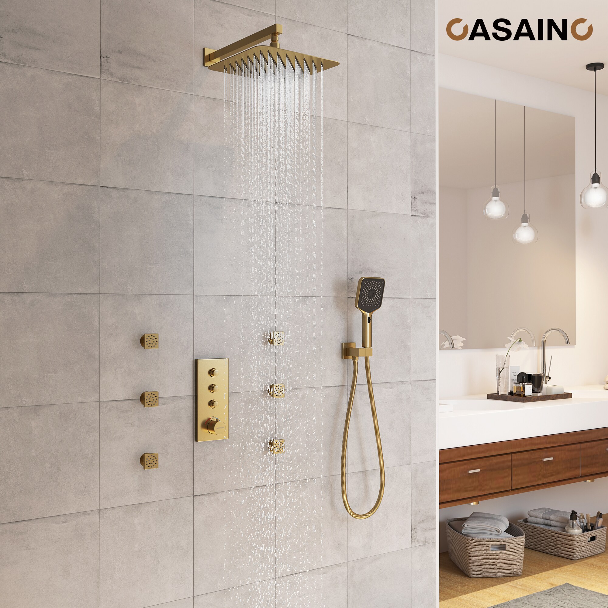Brushed Gold Dual Square Wall Mount Shower System with Handheld