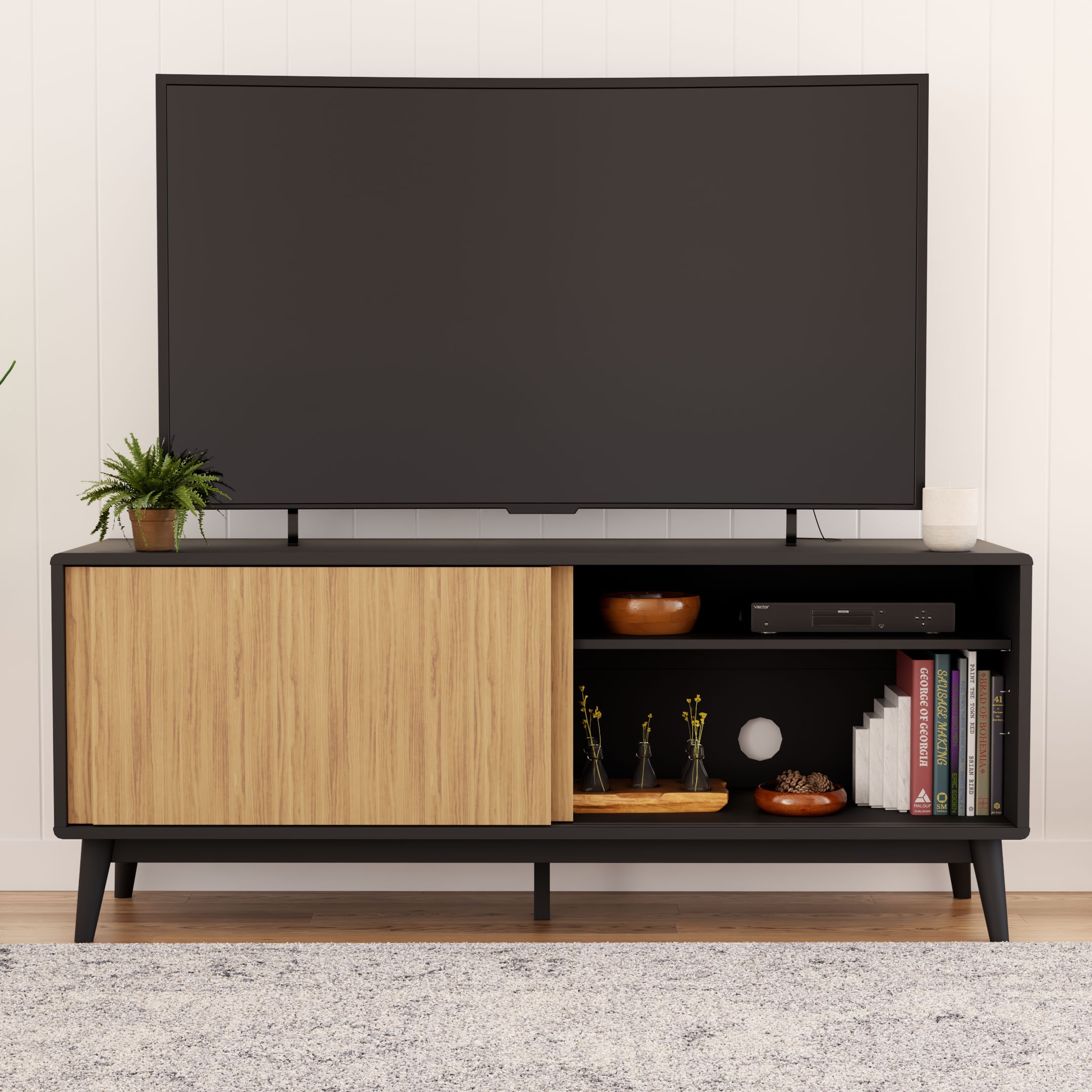 Brookside Madison Mid-Century Modern TV Stand Black and Oak at Lowes.com